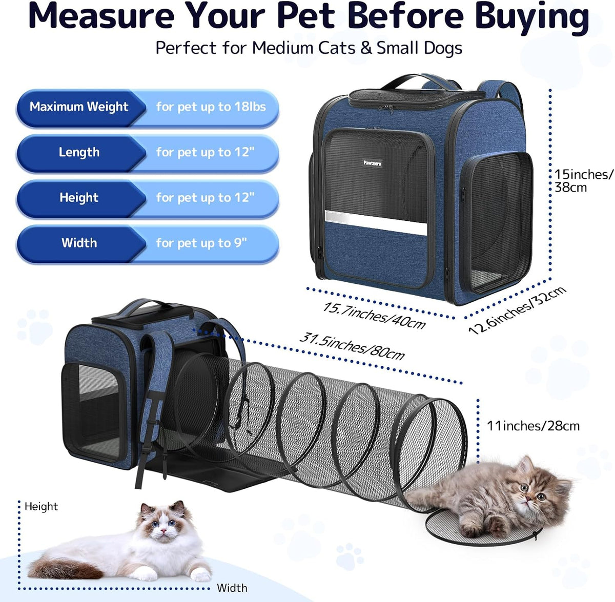 Pawtners Cat Backpack with Play Tunnel, Design for Carrying Playing Blue