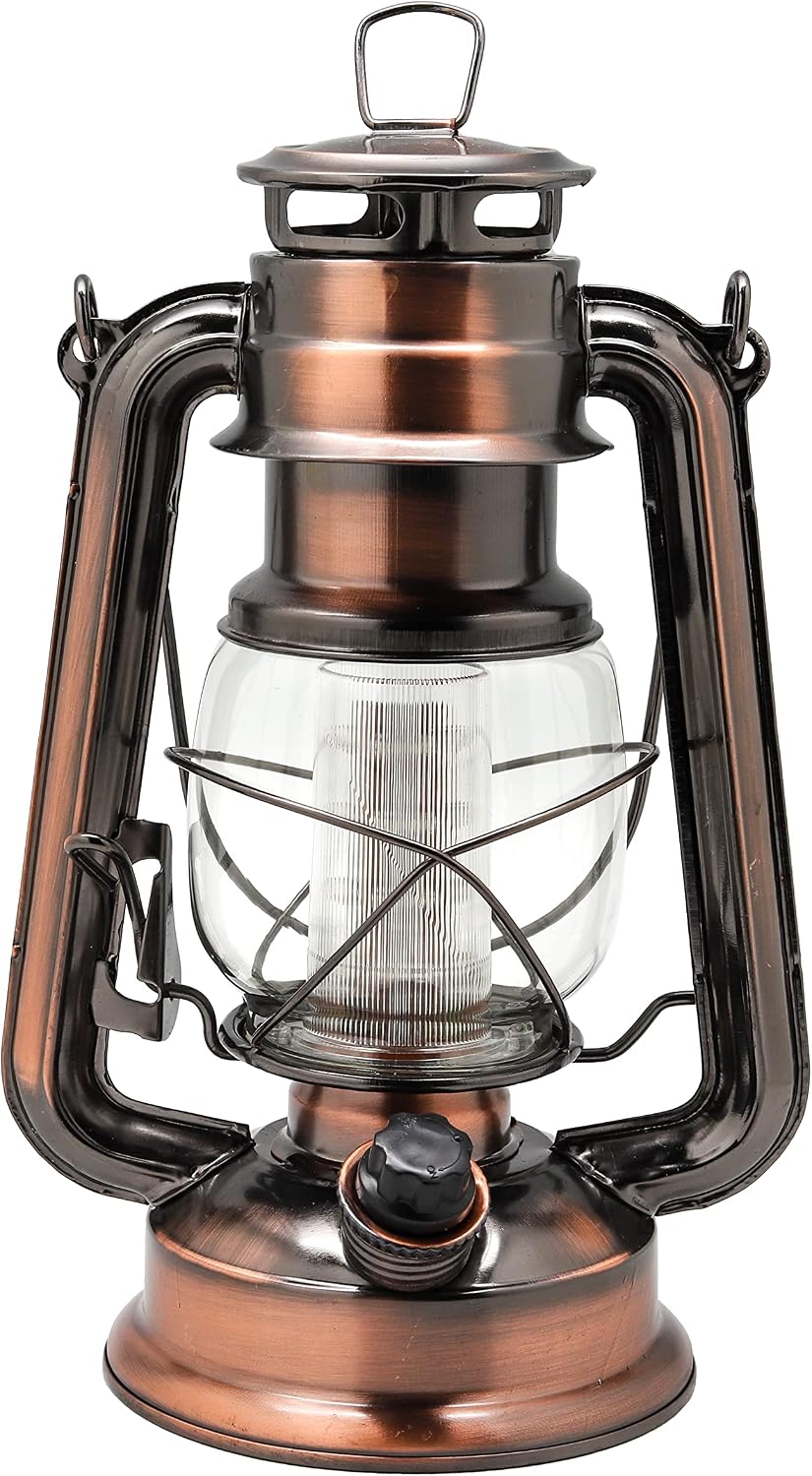 YAKii LED Vintage Lantern Metal Hanging Hurricane 12 LED Dimmer Switch Cold White Battery Operated Power Outage Indoor Camping Lighting Outdoor Brooklyn (Copper 2 Pack)