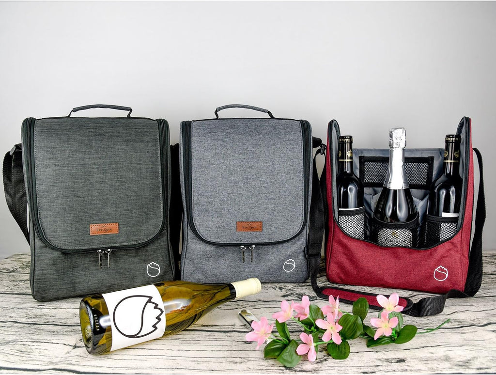 Insulated Wine 3 or 6 Bottle Carriers Tote Travel Cooler Gift Bag For Airplane Liquor With Padded Shoulder Strap