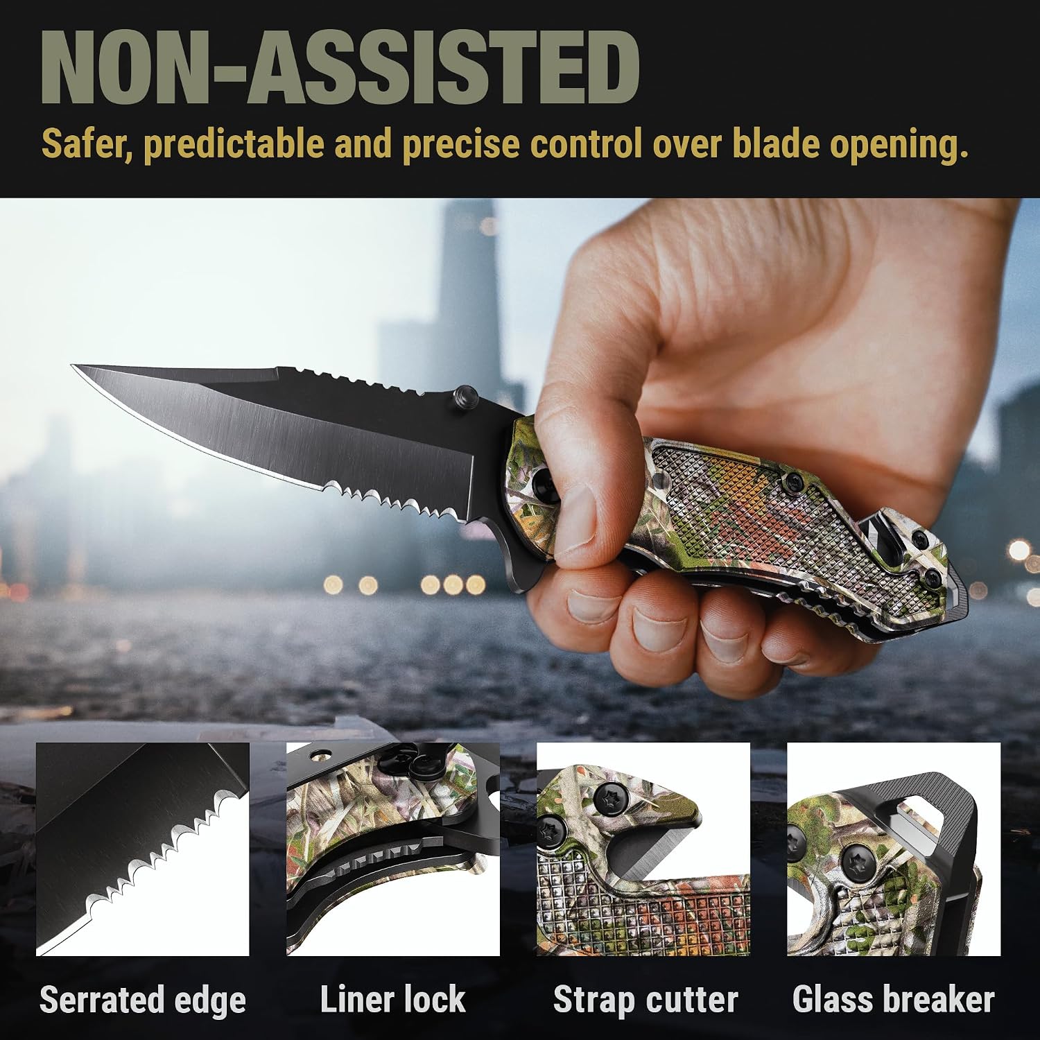 GOOD WORKER Legal Pocket Knife with 2.95” Serrated Blade, Glass Breaker, Seat Belt Cutter - EDC Sharp Folding Knives with Portable Clip - Small Tool for Tactical Camping Survival Hiking - Gifts for Men, Women