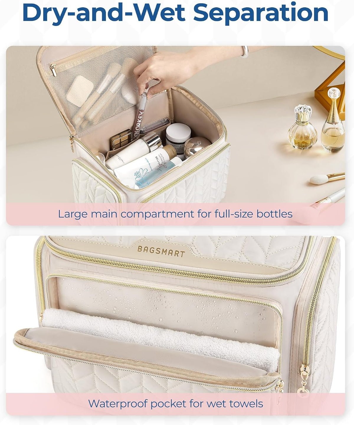 BAGSMART Travel Toiletry Bag, Large Wide-open Travel Bag for Toiletries, Makeup Cosmetic Travel Bag with Handle-Camel