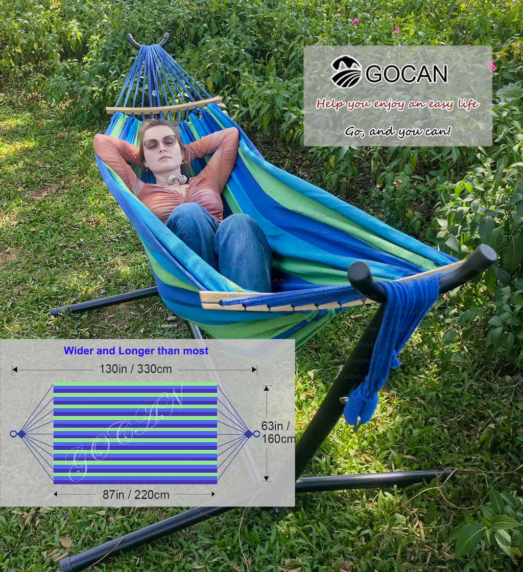 GOCAN Double Hammock 2 Person Large 220x160cm with Steel Stand and Removable Spreader bar Load 500lb, Canvas Cotton Hammocks for Patio Porch Garden Backyard Outdoor and Indoor, Blue