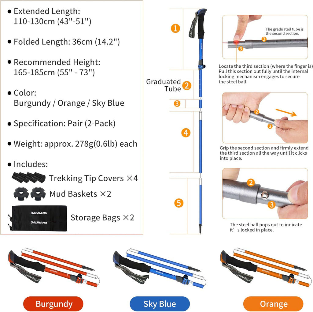 2-Pack 7075 Aluminum Ultralight Folding Trekking Poles, Professional Walking Sticks for Hiking, Adjustable, Portable for Trekking, Camping, Mountaineering