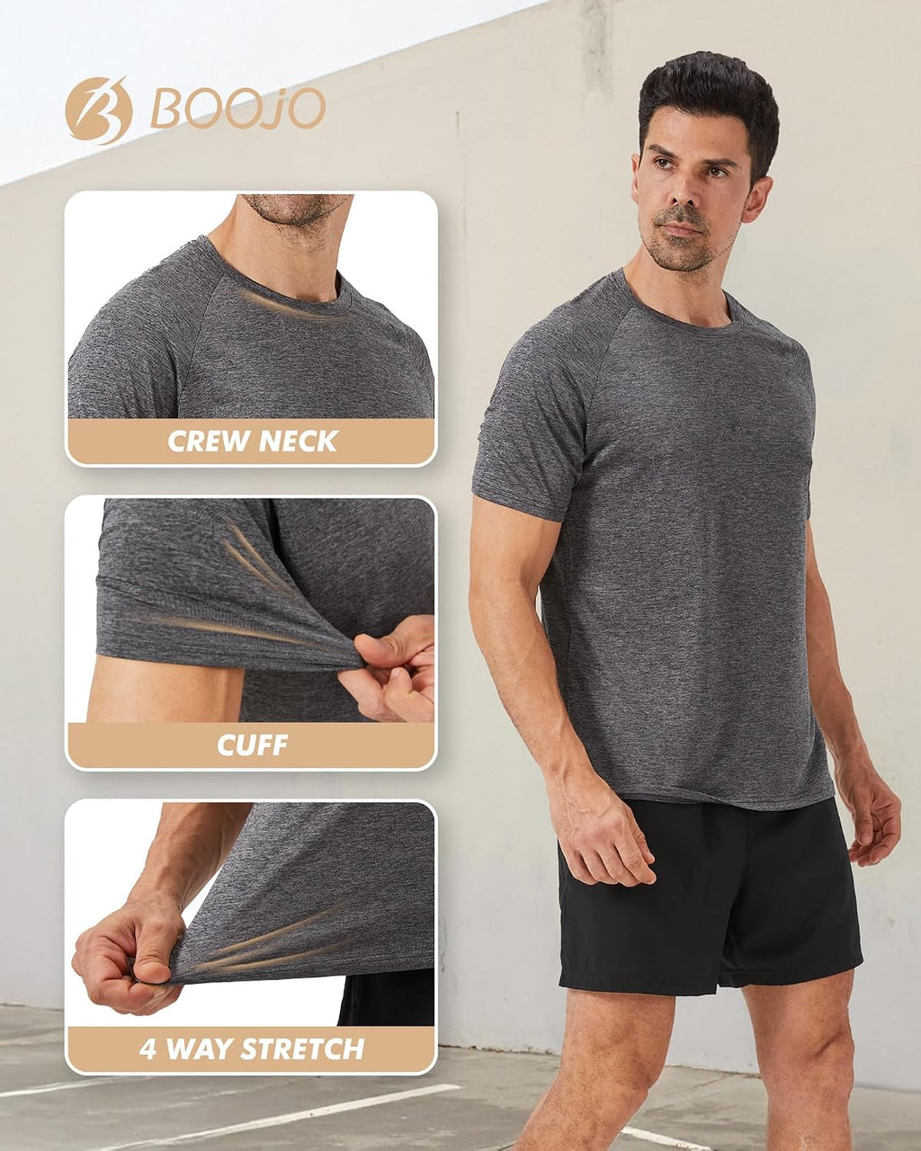 BOOJO 3 Pack Workout Mens Shirts - Quick Dry Causal Moisture Wicking Gym Athletic Short Sleeve T-Shirts for Running Sport