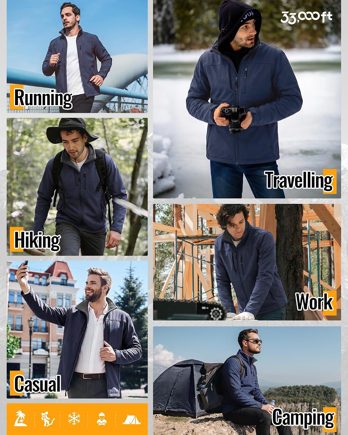 33,000ft Men's Lightweight Softshell Jacket Fleece Waterproof Windbreaker