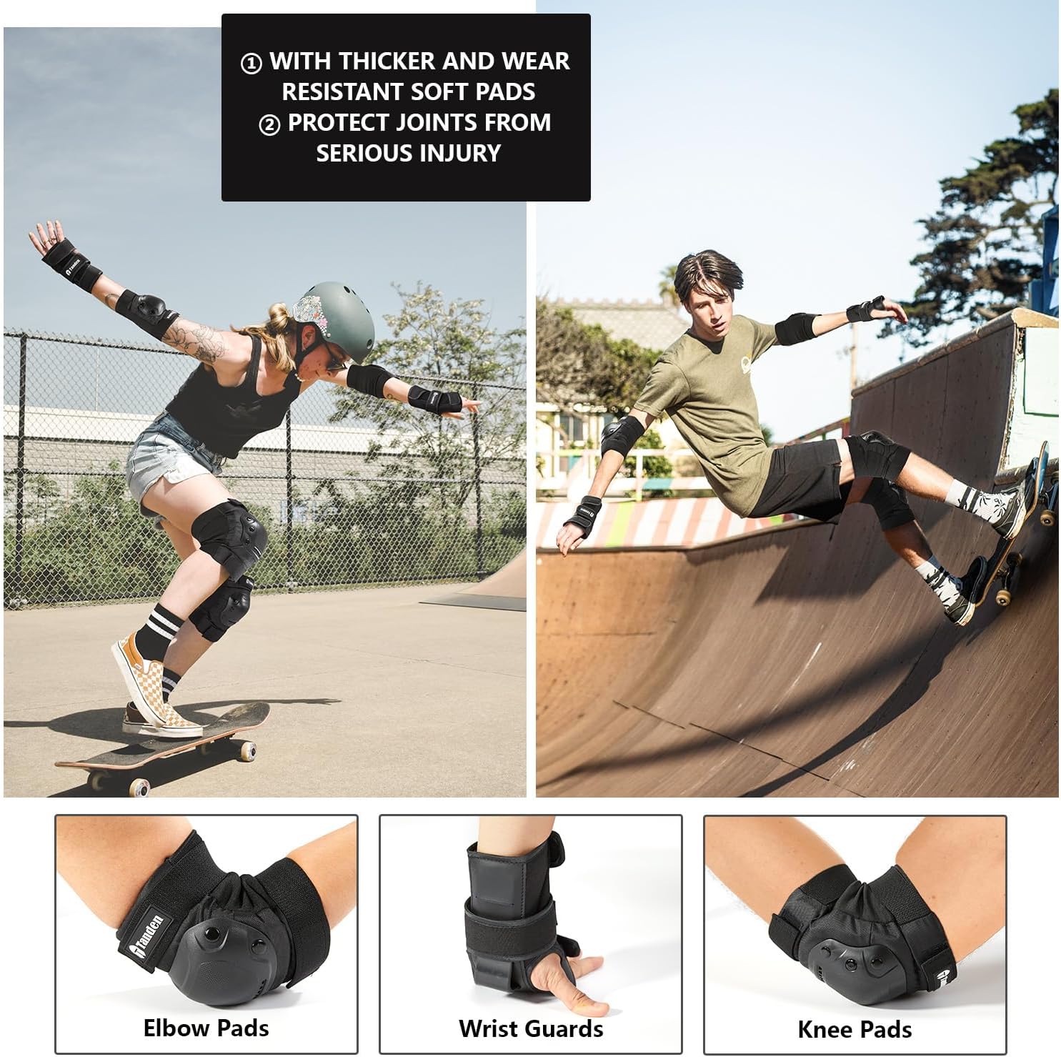 Tanden Skate Protective Gear Adult Knee Pads and Elbow Pads Set Wrist Guard