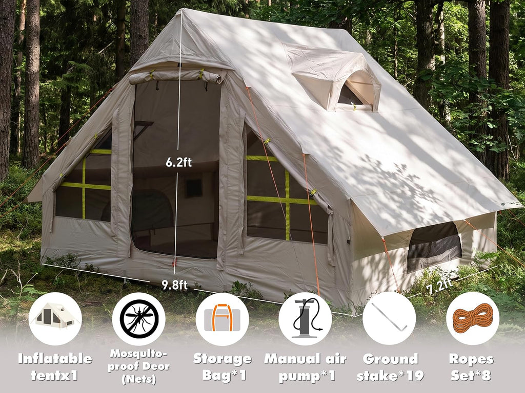 Inflatable Camping Tent for 4/6/8/10 Person, 4 Season Waterproof Blow Up Tent with Stove Jack & Skylight, Easy Setup Air Tent for Glamping & Family Camping