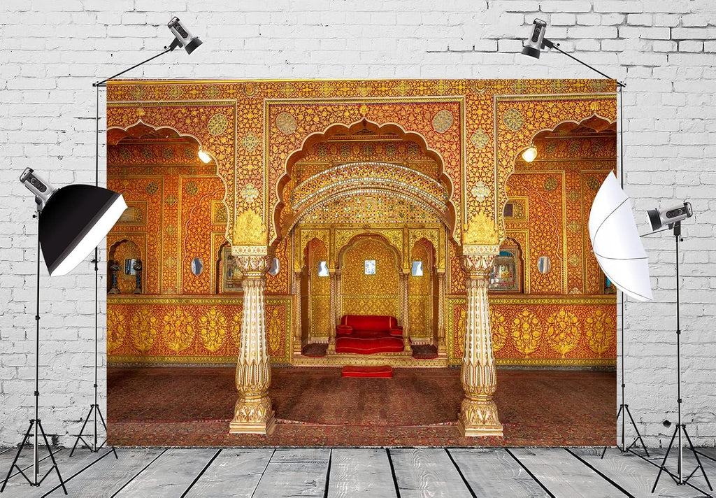 BELECO 7x5ft Fabric Indian Royal Palace Backdrop Interior Private Audience Hall in Anup Mahal and Maharaja Throne with Gold Carvings Photography Background for Travel Portrait Photo Studio Props