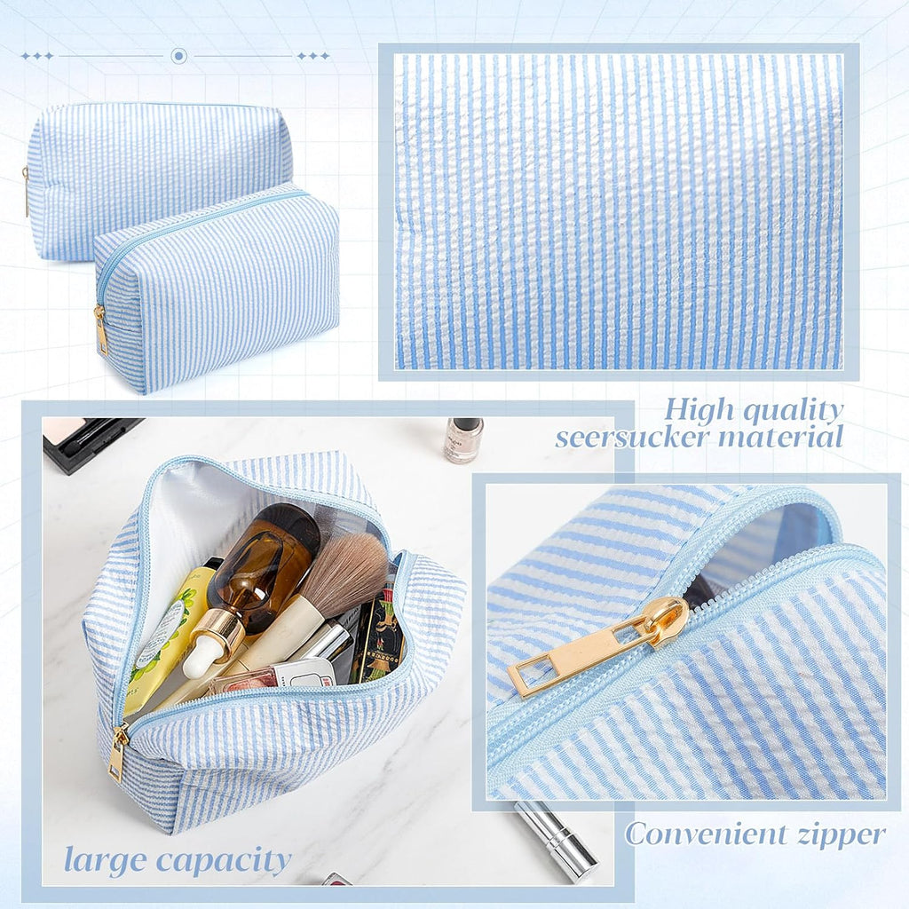 Sanwuta 6 Pcs Seersucker Cosmetic Bags Bulk, Striped Zippered,Light Blue