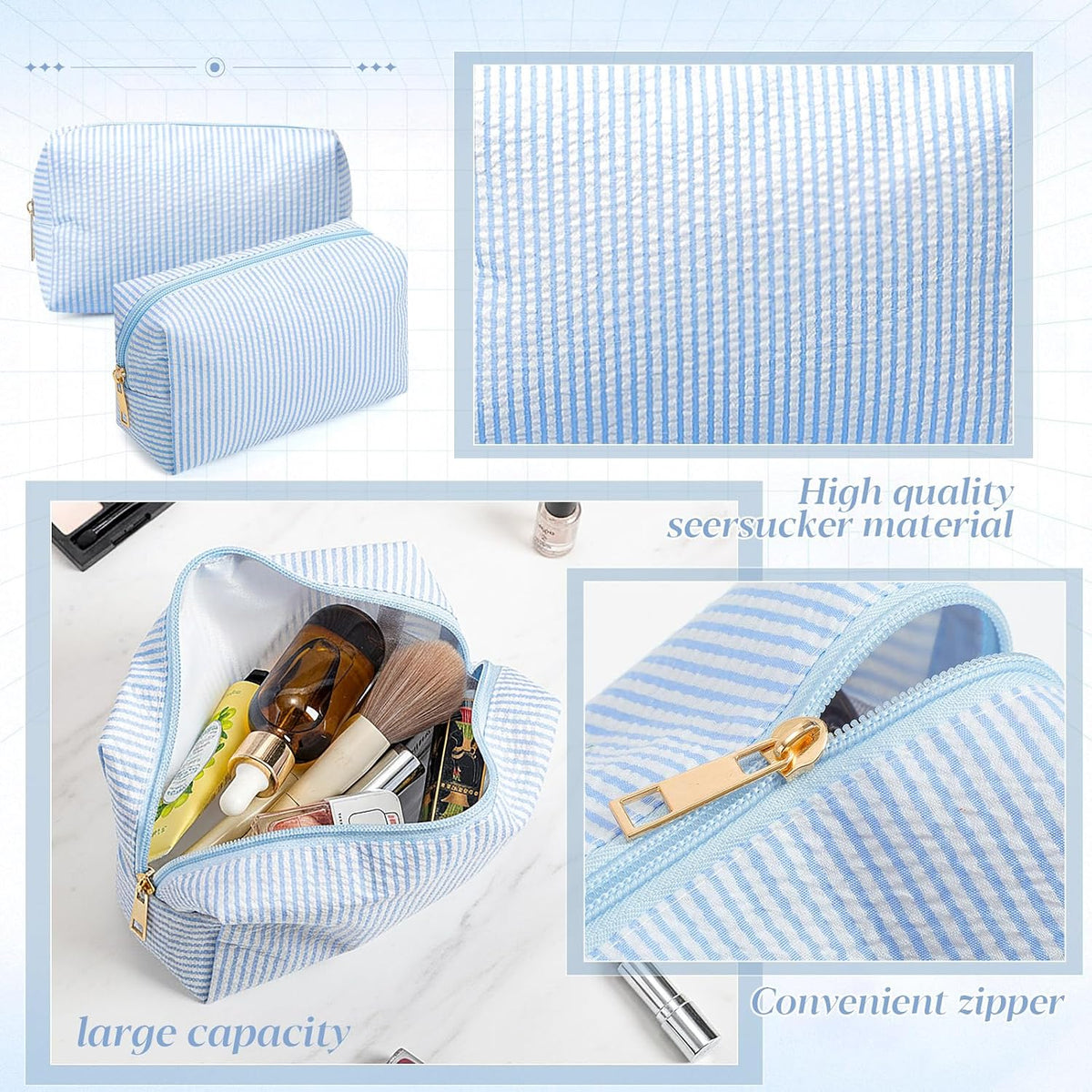 Sanwuta 6 Pcs Seersucker Cosmetic Bags Bulk, Striped Zippered,Light Blue