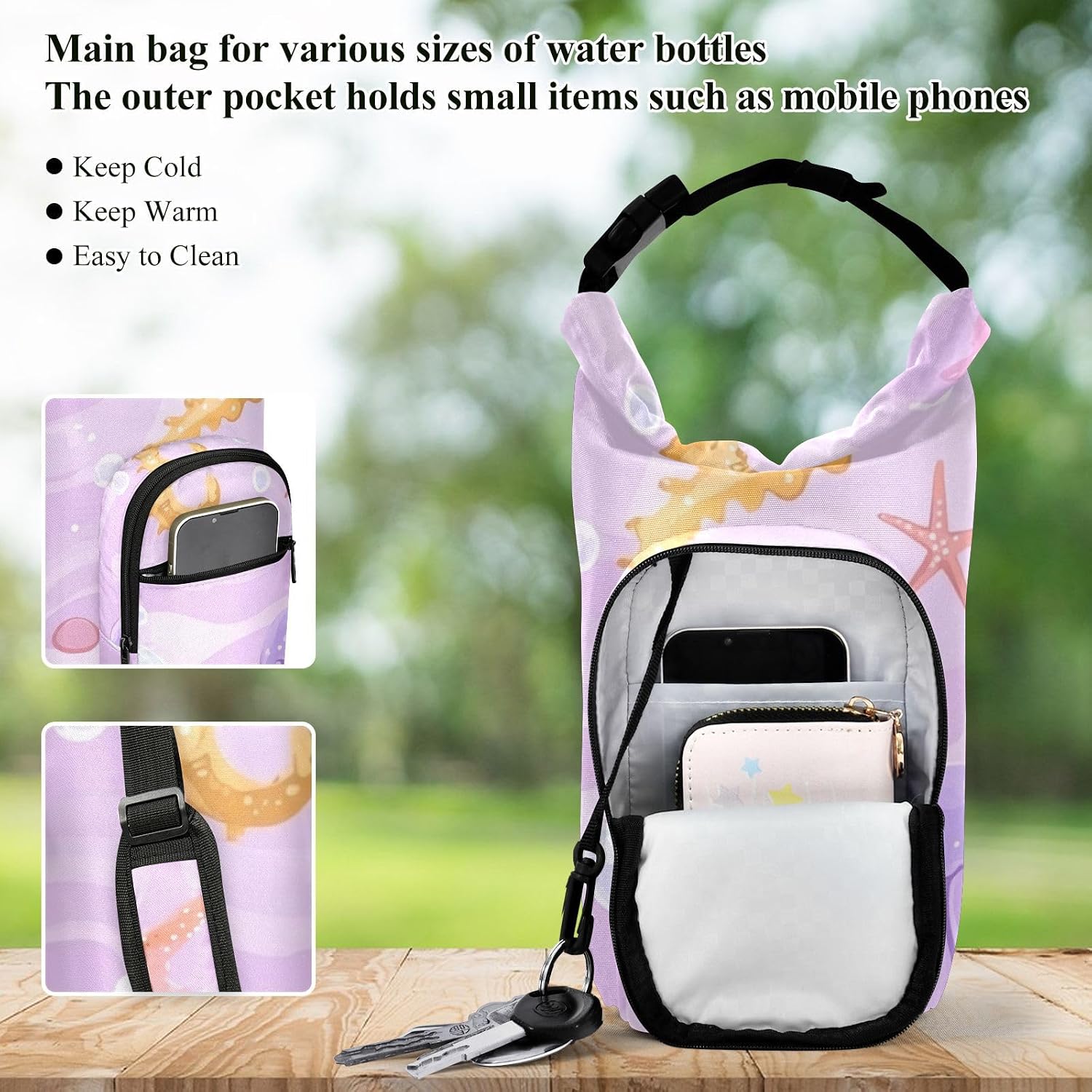 Purple Seahorse Jellyfish Starfish 01 Water Bottle Holder with Strap Insulated Water Bottle Carrier Crossbody Bags Pouch with Phone Pocket for Travel Gym Hiking Walking Running