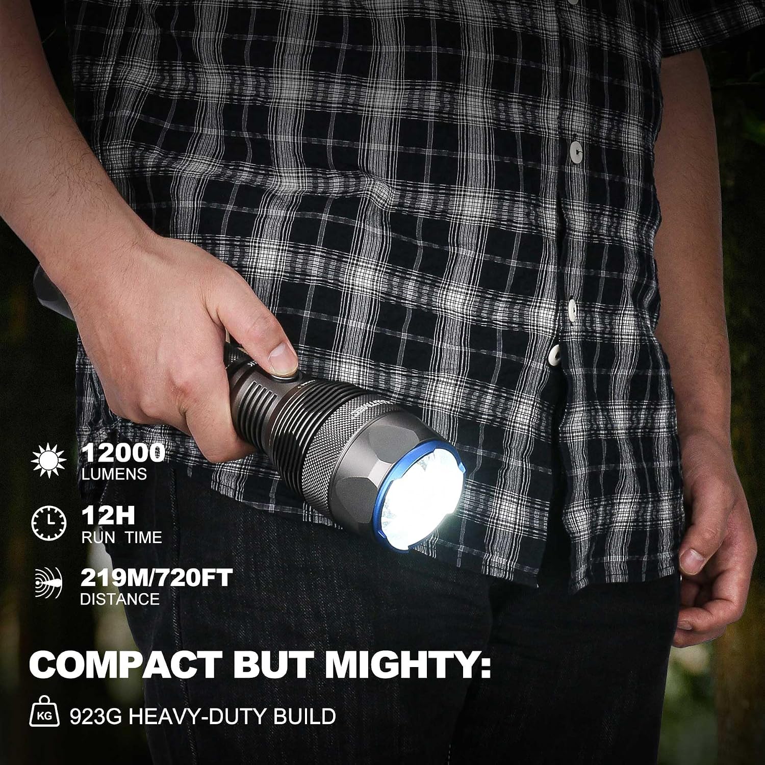 HAUTMEC Rechargeable Flashlights 12000 High Lumens Flashlight, 5 Light Modes Bright Flashlight, 2X Zoom, IP67 Waterproof & Impact-Resistant, and Power Bank, for Emergencies, Hunting, Camping, Hiking