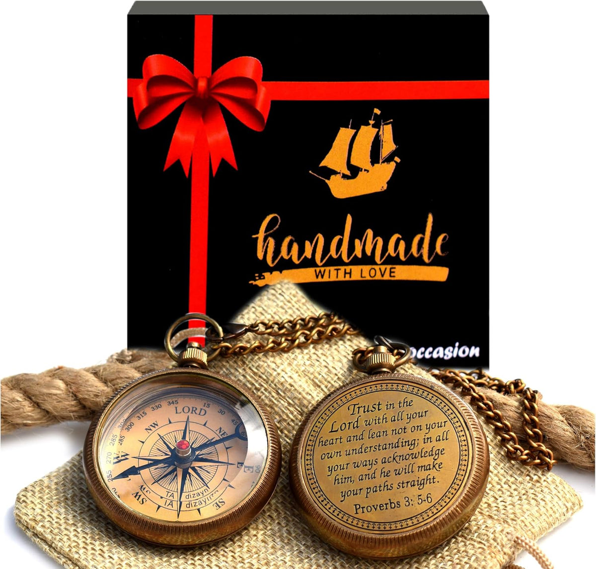 Trust in The Lord With All Your Heart - Proverbs 3:5-6 Quote Engraved Compass With Wooden Box, Greeting Card, Gift Compass, Graduation Day Gifts 2024 for Women Men Boys Girls