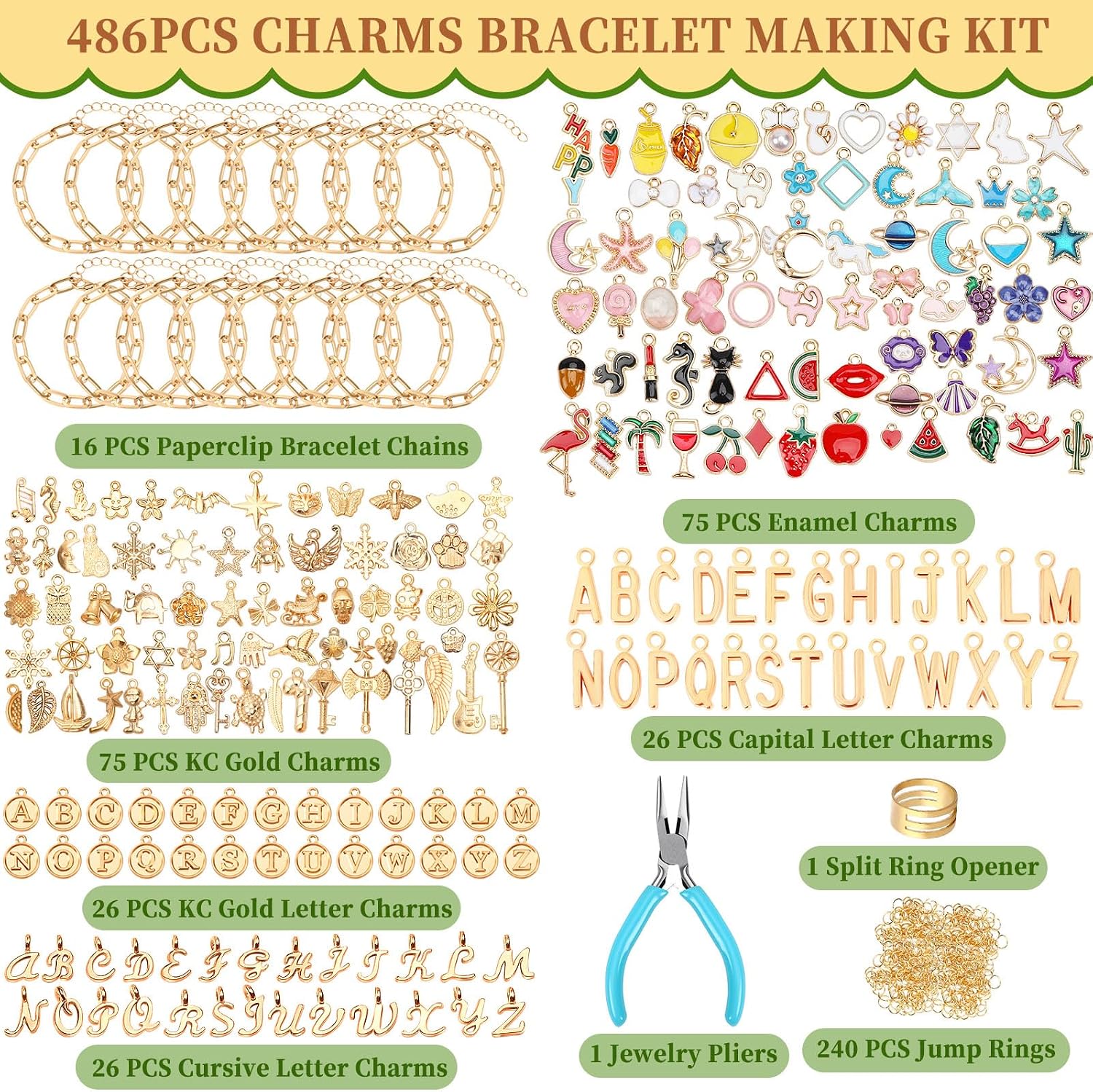 SANNIX 486Pcs Charm Bracelet Making Kit, Including 16 Bangles 228 Charms