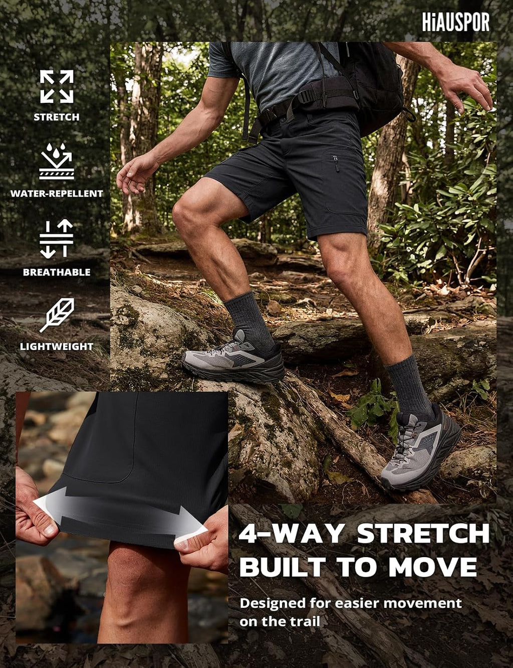 Hiauspor Men's Hiking Cargo Shorts: Quick Dry Lightweight with 6 Pockets