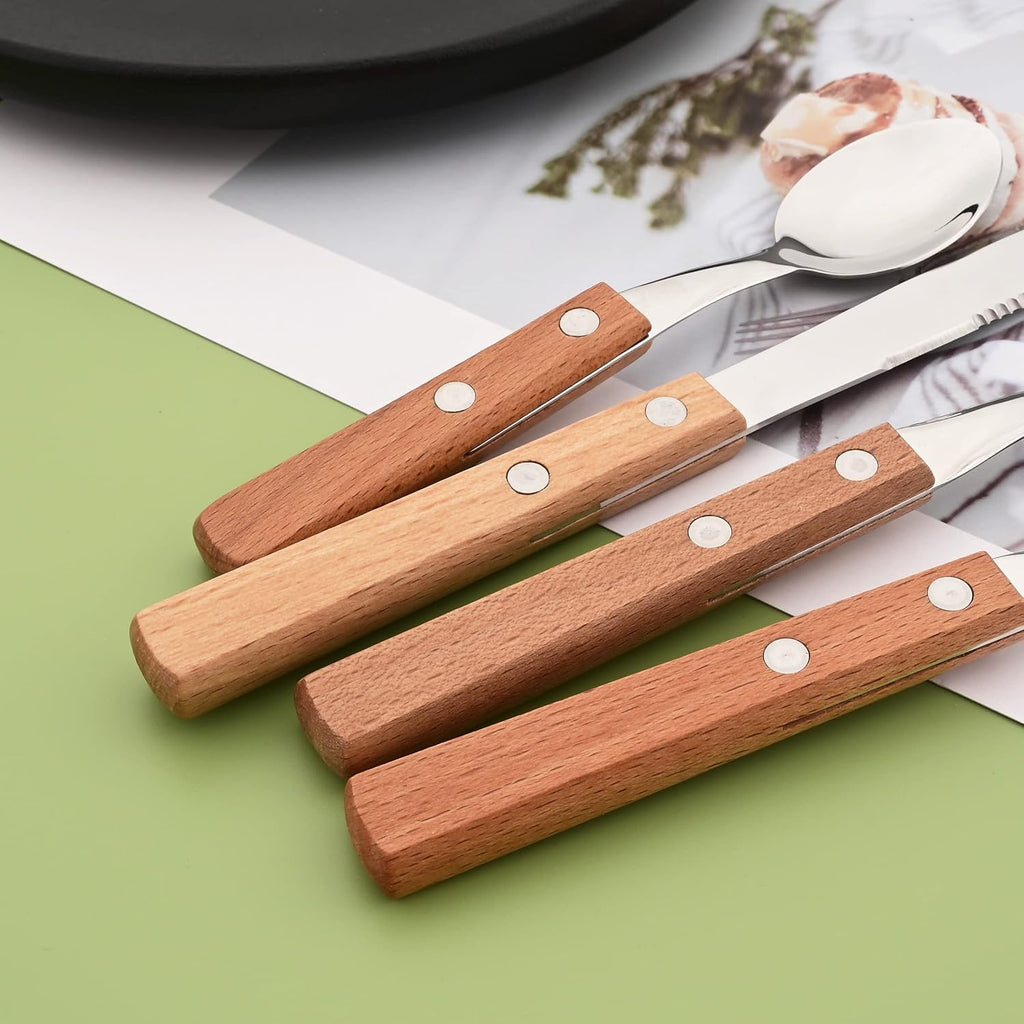 Silver Flatware Set with Natural Wood Handle, 24 PCS Silverware Set for 6, Premium 18/8 (304) Stainless Steel Cutlery Set, Forks Spoons and Knives Set for Home/Camping/Travel, Mirror Finish
