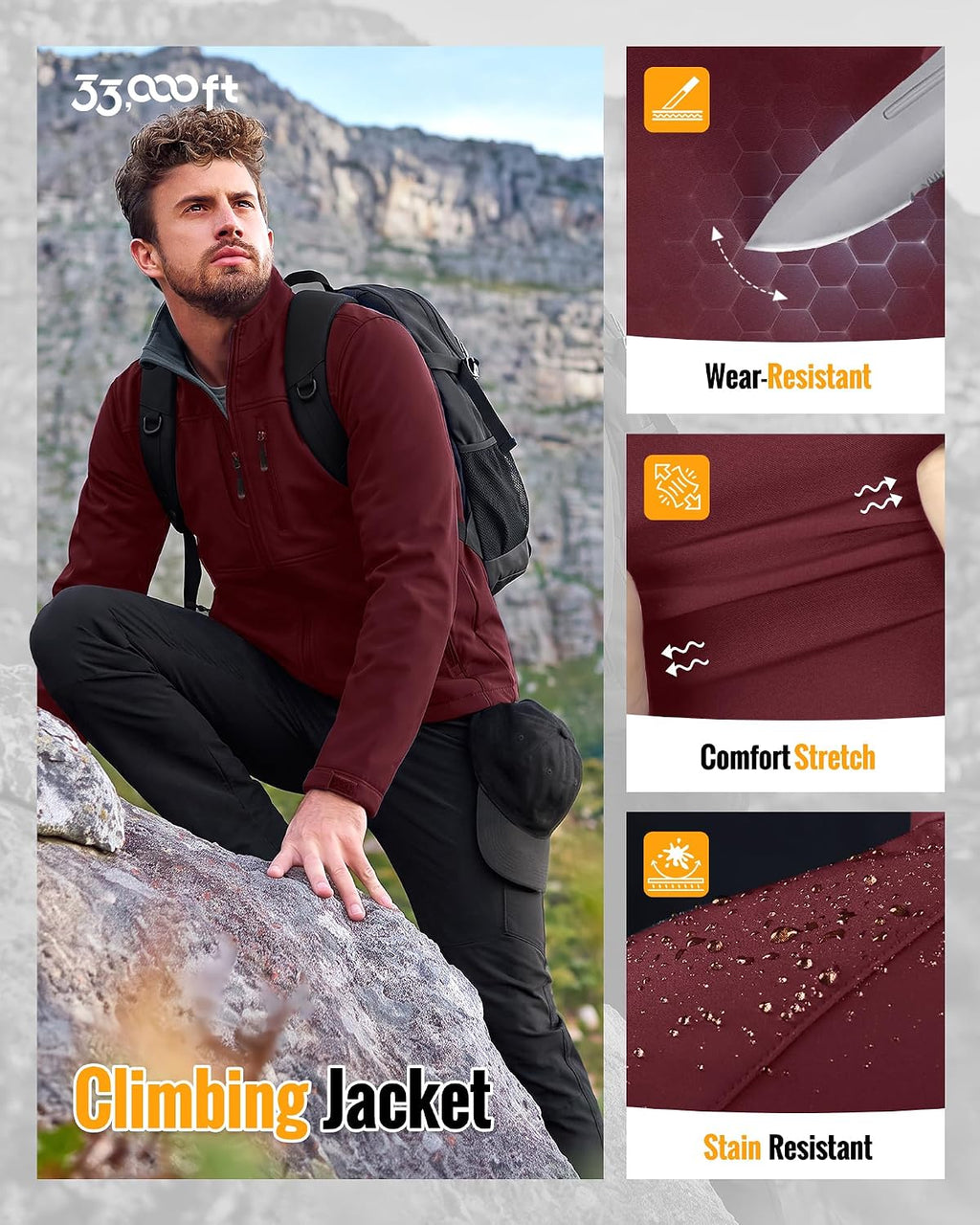 33,000ft Men's Lightweight Softshell Jacket Fleece Waterproof Windbreaker