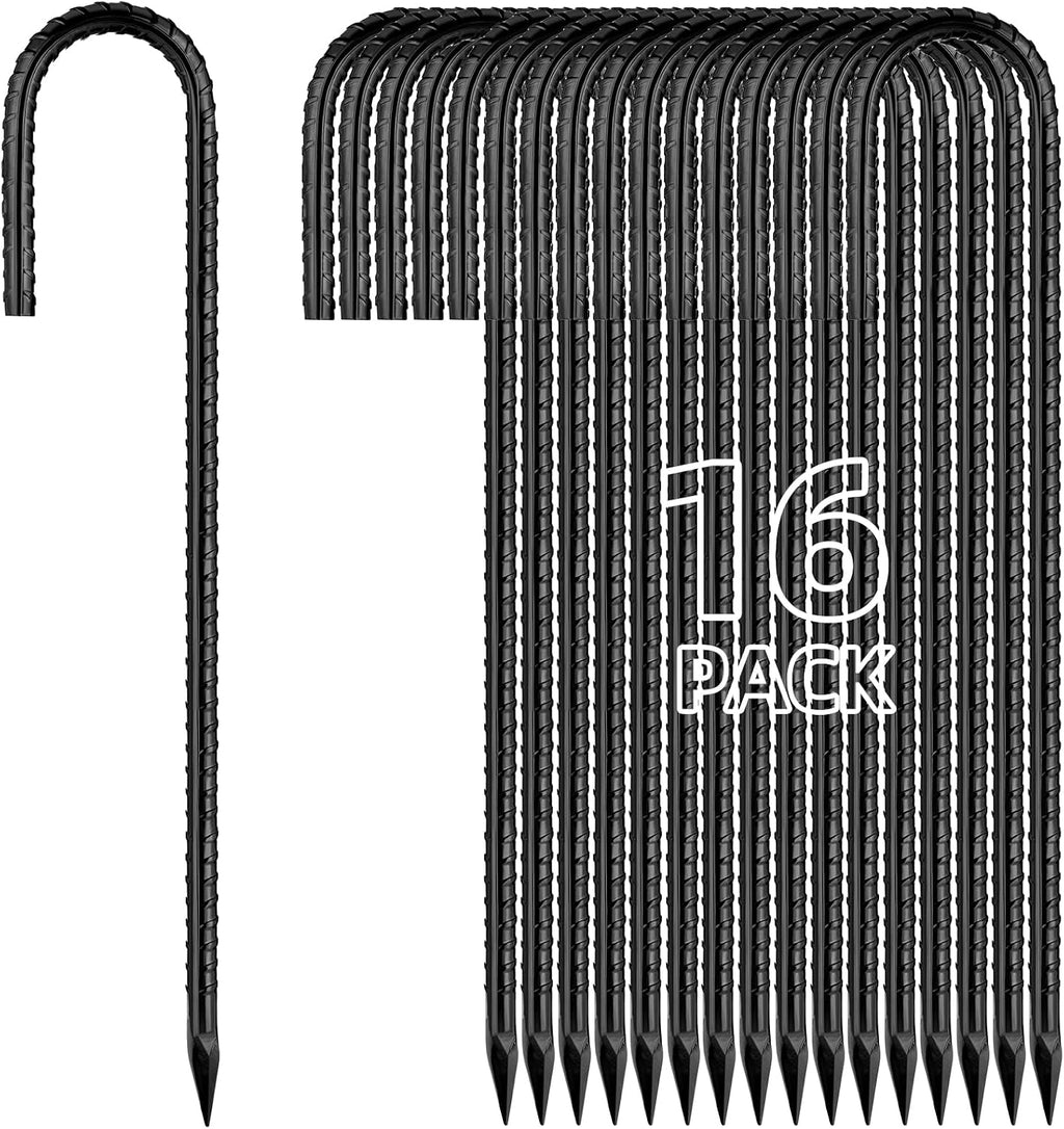 Besitu 12 Inch Rebar Stakes J Hook Ground Stakes 16-Pack Heavy Duty Galvanized Chain Link Fence Stakes Metal Tent Stakes for Outdoor Lawn Decorations Inflatables Canopy Swing Set