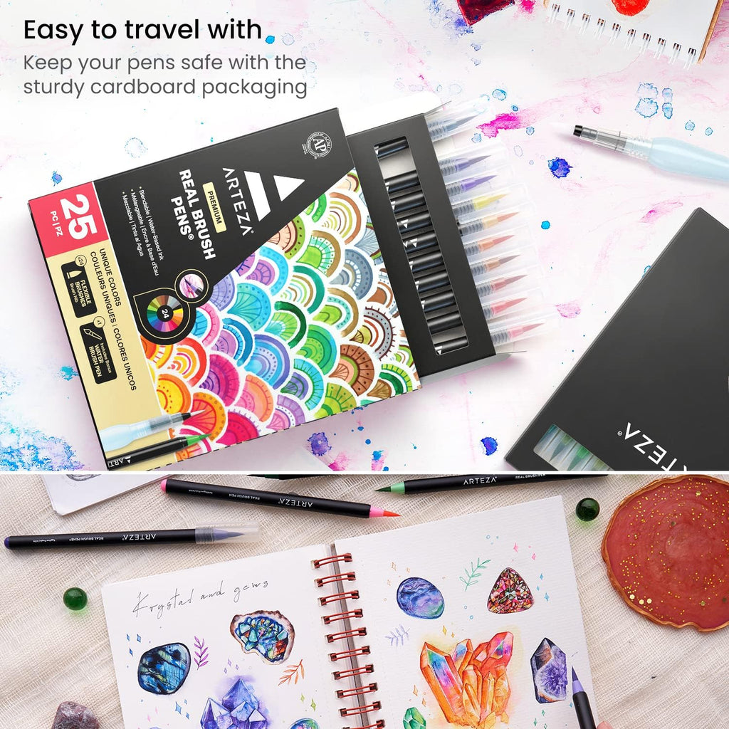 ARTEZA Real Brush Pens, 24 Watercolor Markers, Flexible Nylon Brush Tips