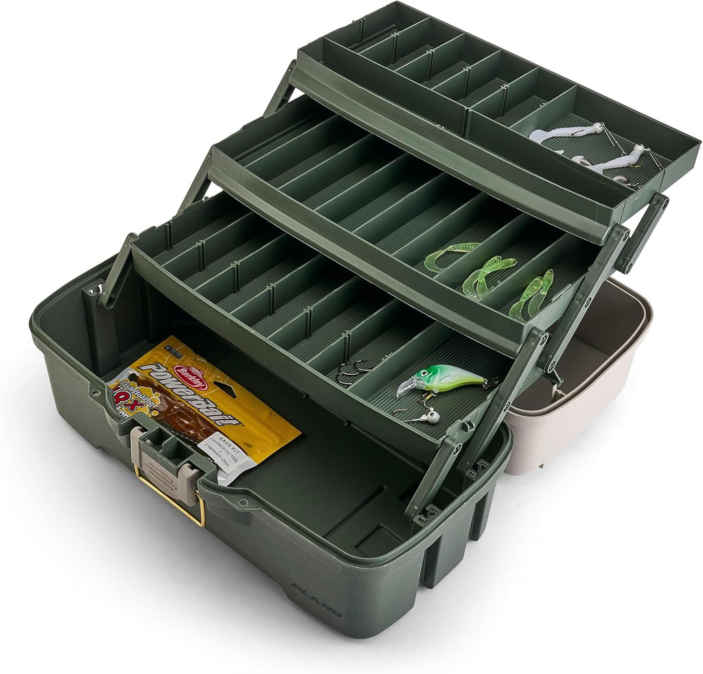 Plano Three-Tray Tackle Box Bass Kit, Tan/Green, Rust-Proof Brass Latch, Top-Access Tray Compartments with Deep Storage, Made in the USA, Portable Fishing Gear Storage Organizer