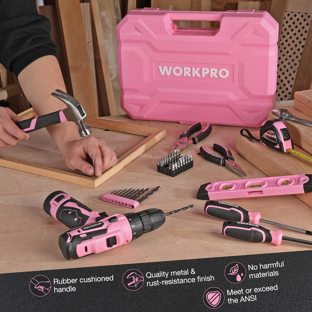 WORKPRO 12V Cordless Pink Drill Set for Women, Home Tool Kit with Tool box