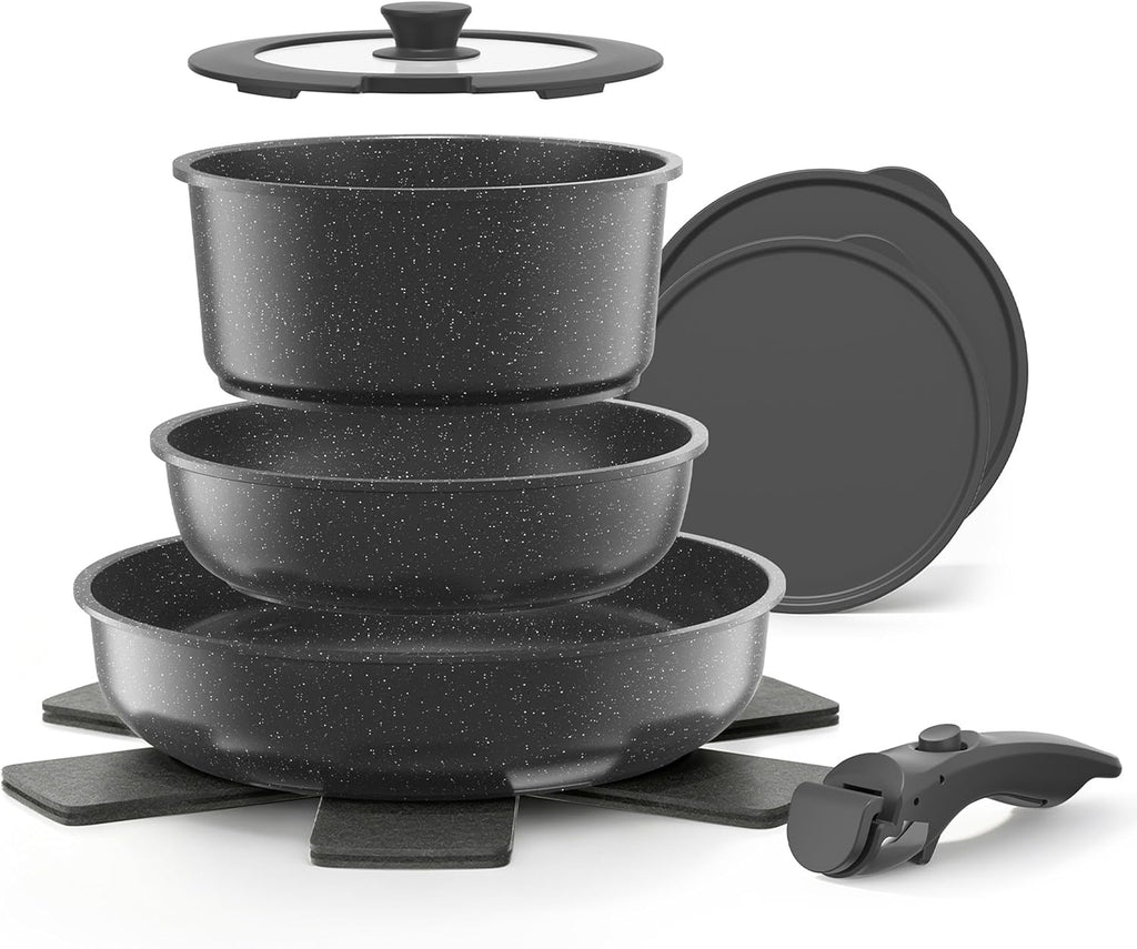 YASHE 9Pcs Granite Nonstick Pots and Pans Set, Stackable, Oven Safe