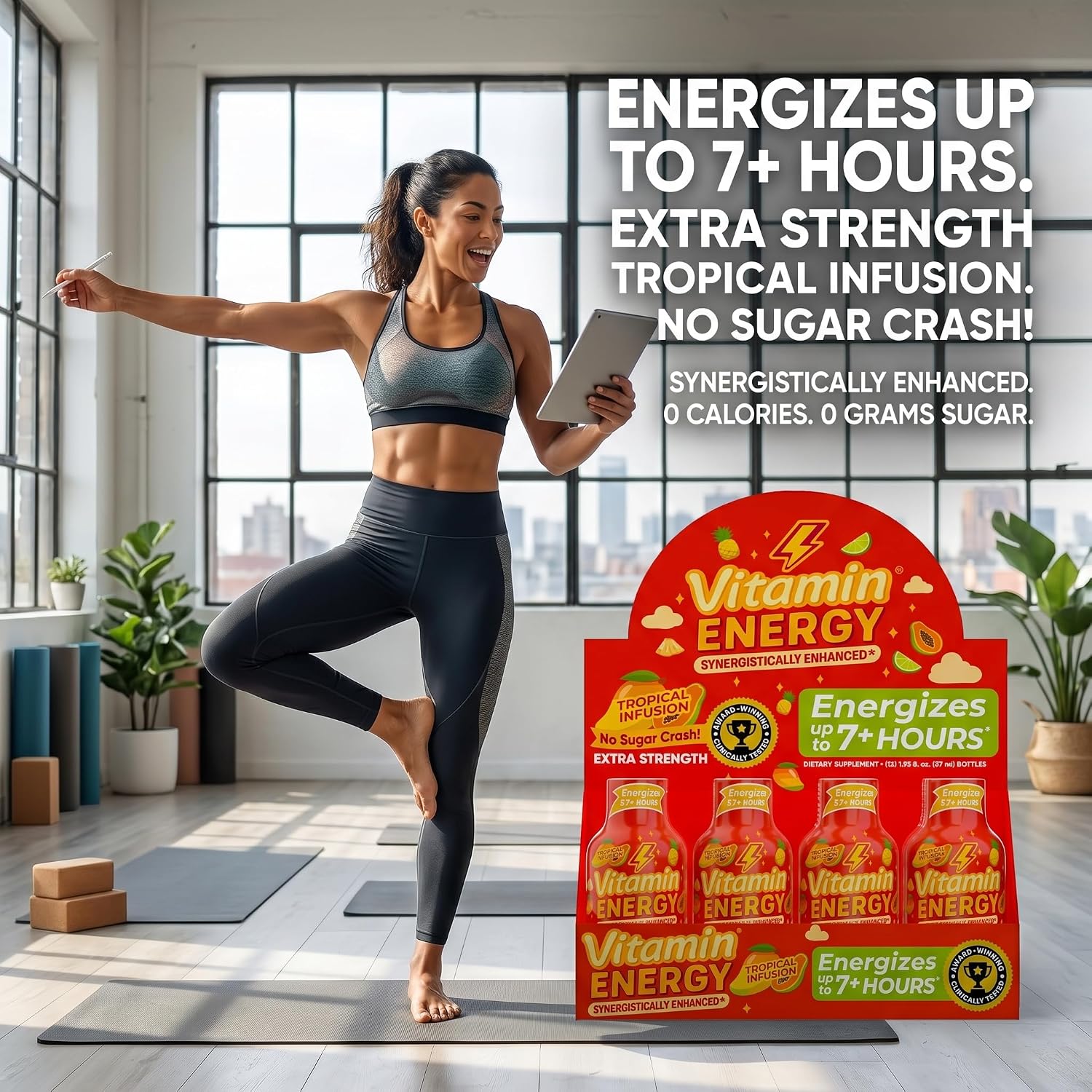 Vitamin Energy Tropical Infusion Extra Strength Energy Shot, 4 Pack - Up to 7 Hrs, 260mg Natural Caffeine, Zero Sugar - BCAAs + CoQ10, Focus Support, B12 B6 Niacin, 1.93 fl oz, Keto Vegan