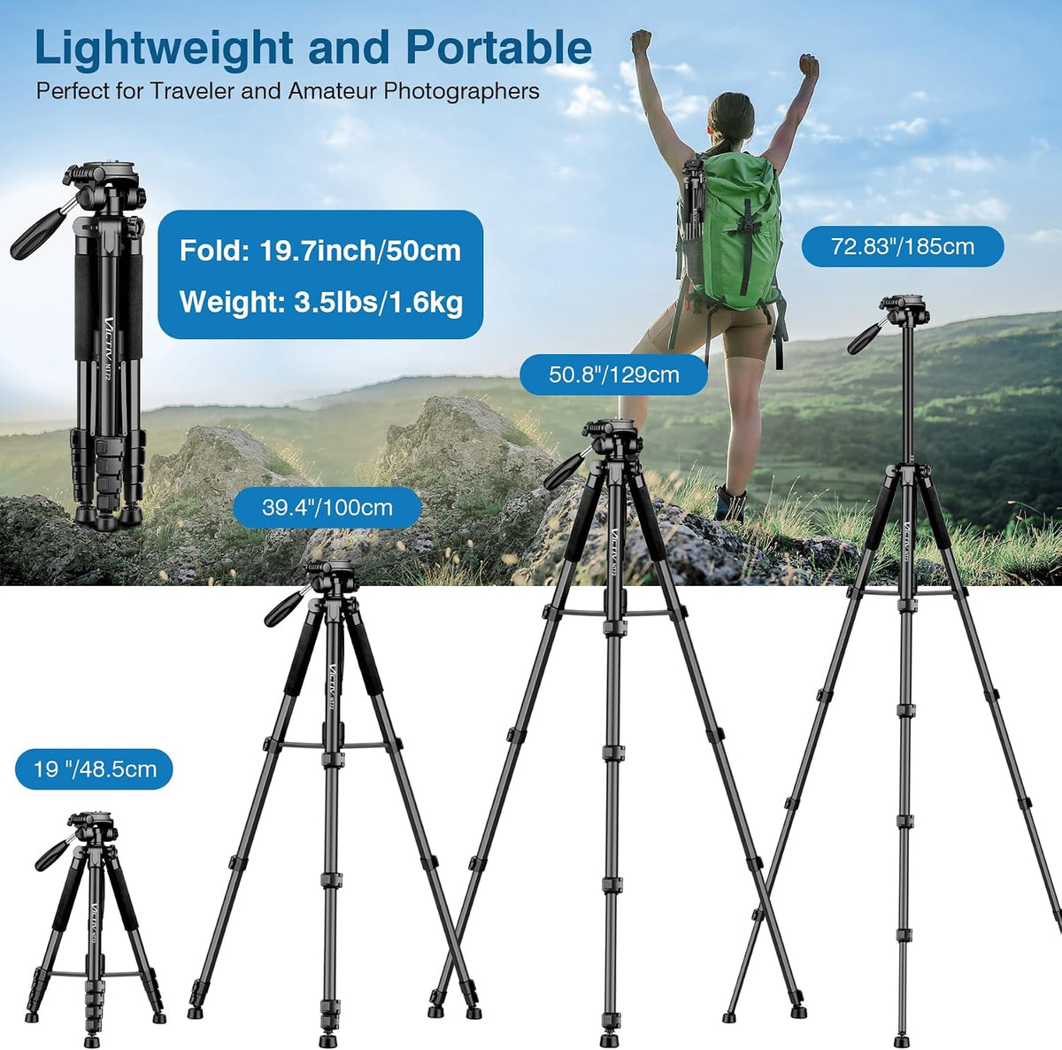 Tripod for Camera and Phone, 72" Tall Camera Tripod Monopod with Remote