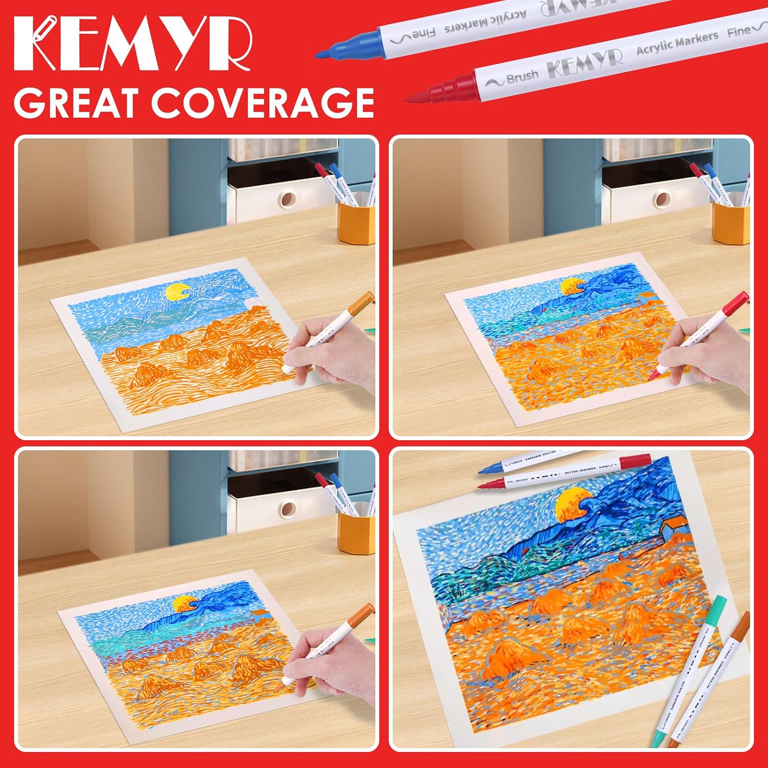 KEMYR 100 Colors Brush & Fine Tip Acrylic Paint Pens, Dual Tip Acrylic Paint Markers for Paper, Wood, Canvas, Stone, Rock, Glass, Fabric, DIY, Ceramic, Art Supplies for Adults Drawing