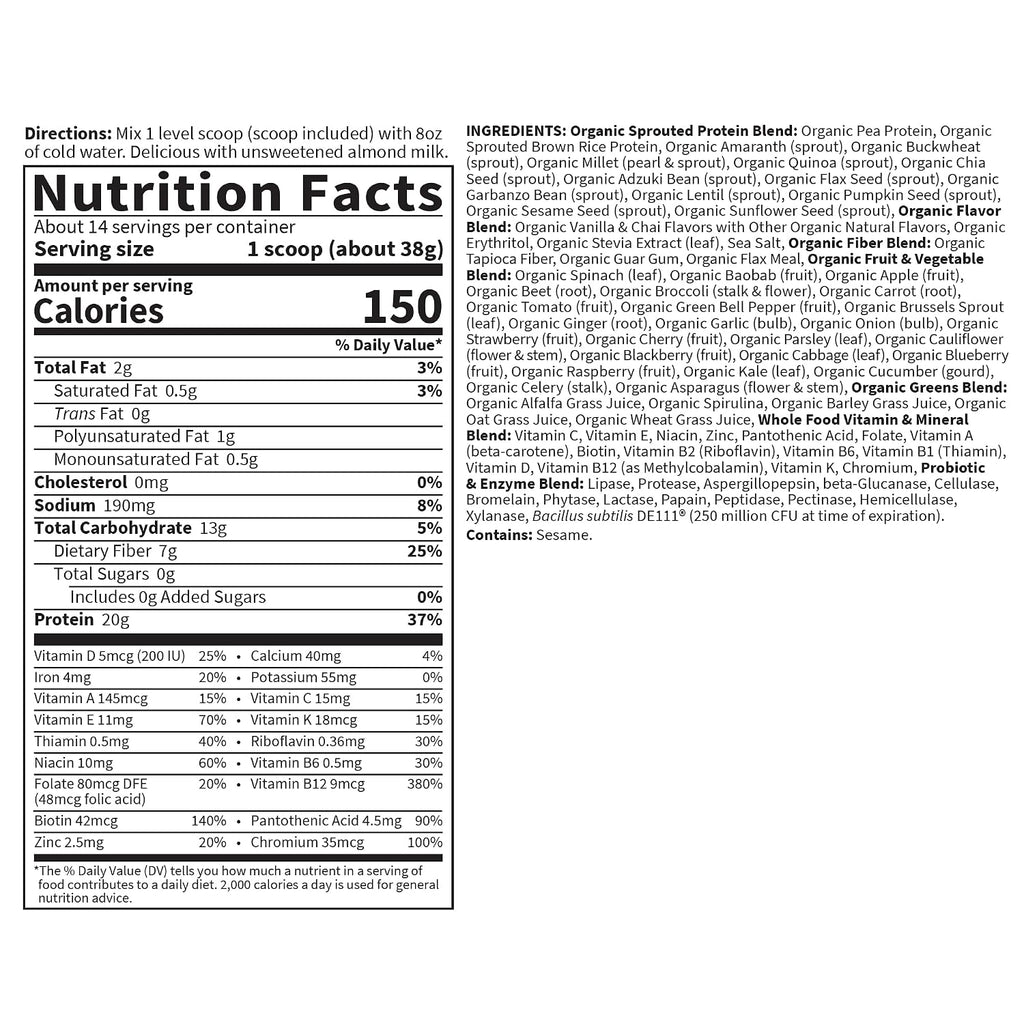 Garden of Life Raw Organic Meal Protein Powder, Vanilla Chai, 14 Servings