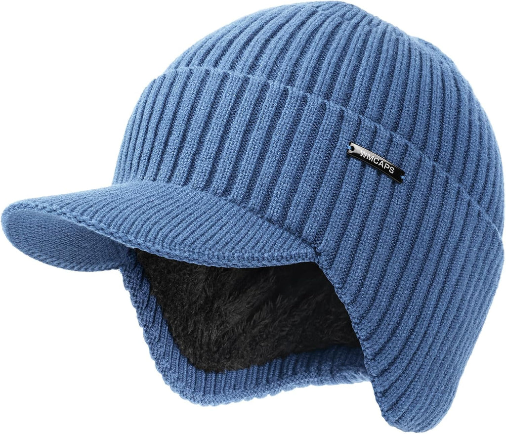 Wmcaps Winter Beanie with Brim & Ear Flaps, Fleece Lined Hat for Men Women