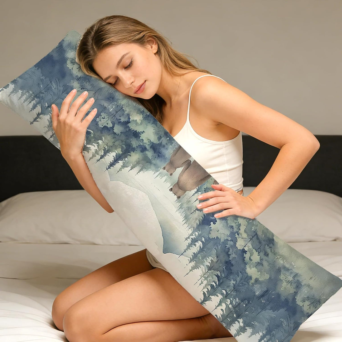 Rustic Forest Bear 20x54 Body Pillow Cover, Bear Nursery Decor, Nature Mountain Lake Scenic Bears Family Long Body Pillowcase with Zipper for Bed Couch Kids Room
