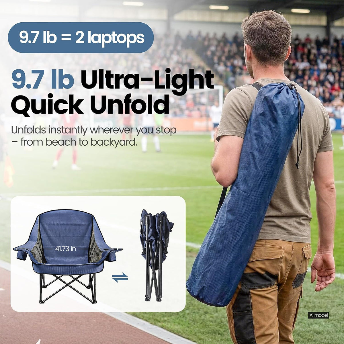 2 Pack Oversized Camping Chairs for Adults & Teens, Heavy Duty 400 LBS Capacity Portable Folding Mesh Lawn Chairs for Camping, Beach, Picnic, Patio, Fishing, RV (Navy Blue, Mesh)
