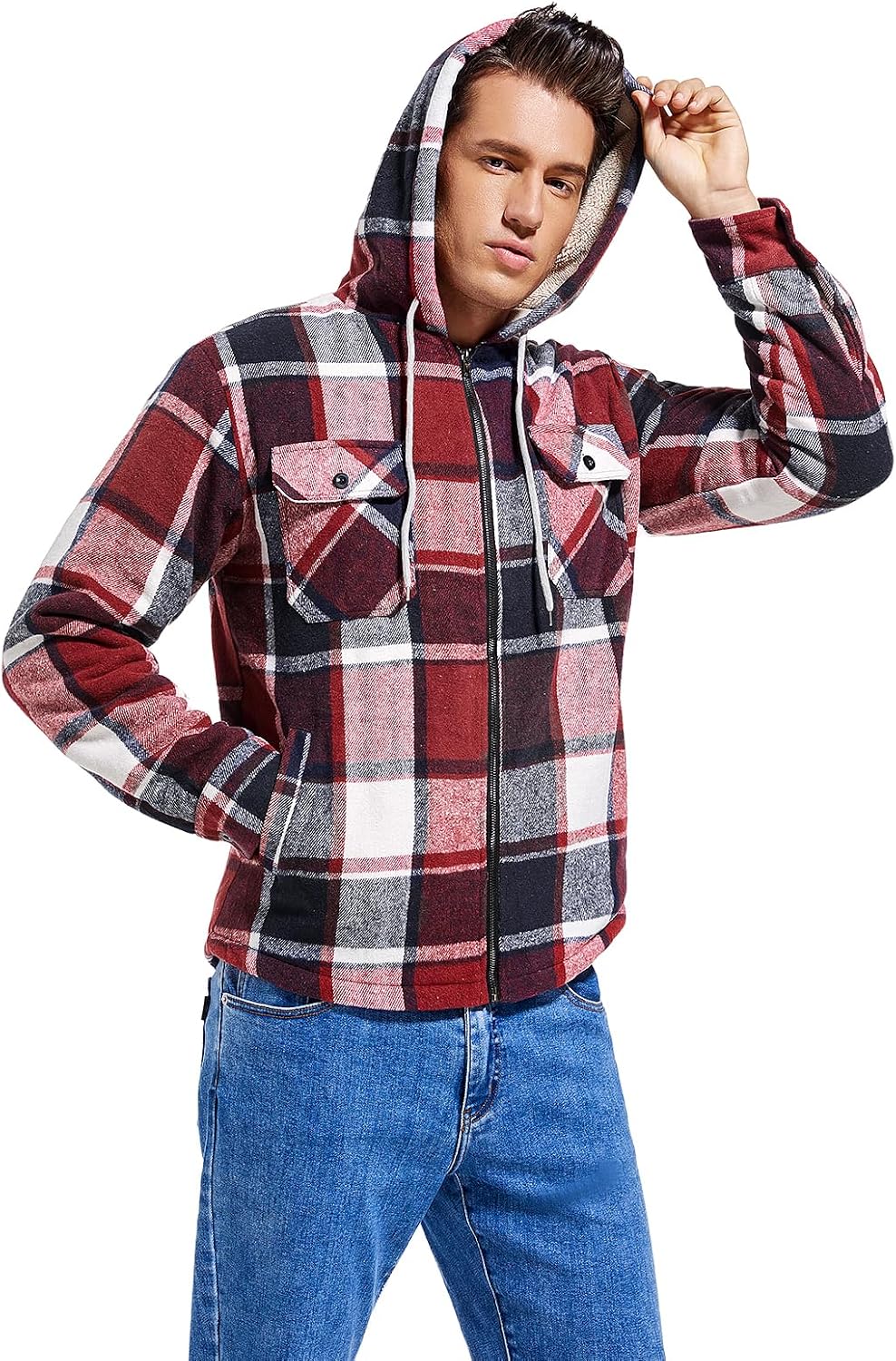 Men's Zip Up Flannel Shirt Jacket Fleece Lined with Hood