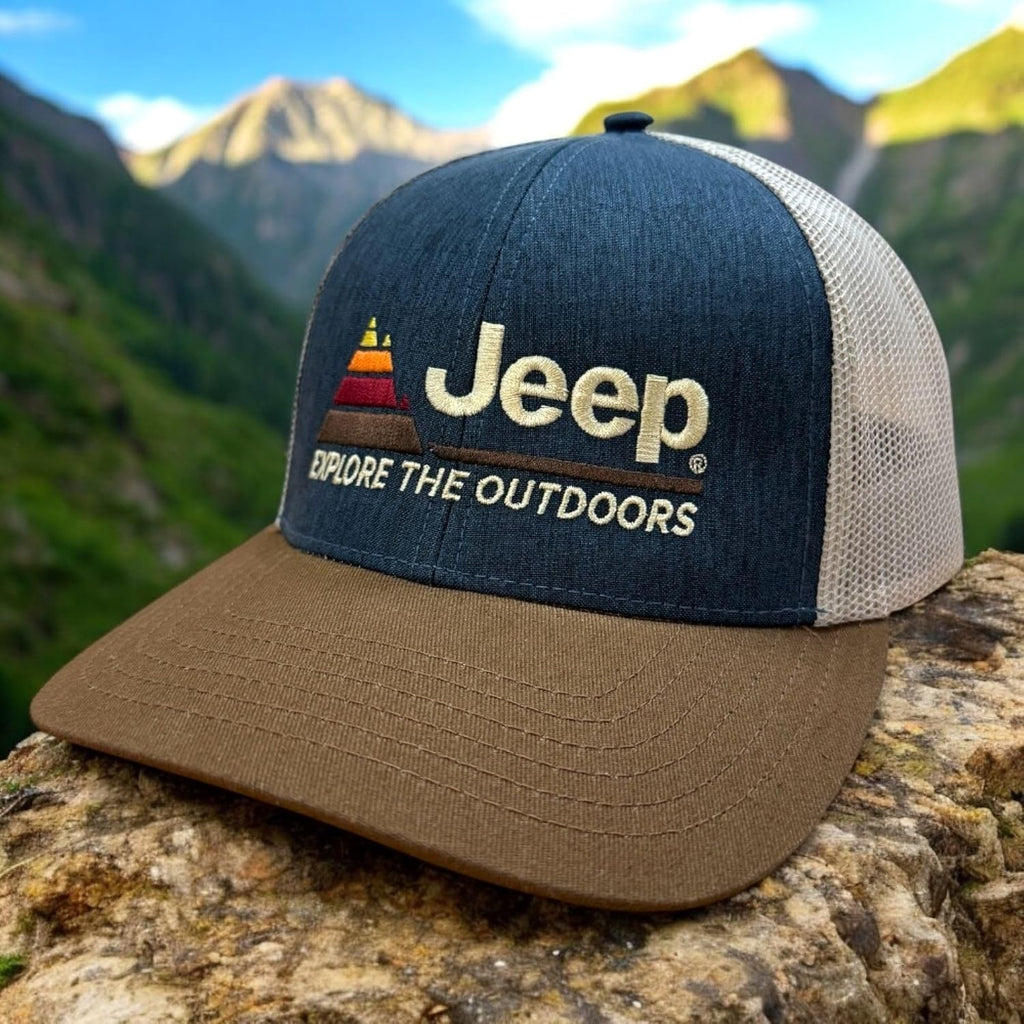 Jeep Explore The Outdoors Trucker Hat – Embroidered Logo, Snapback Closure, Mesh Back