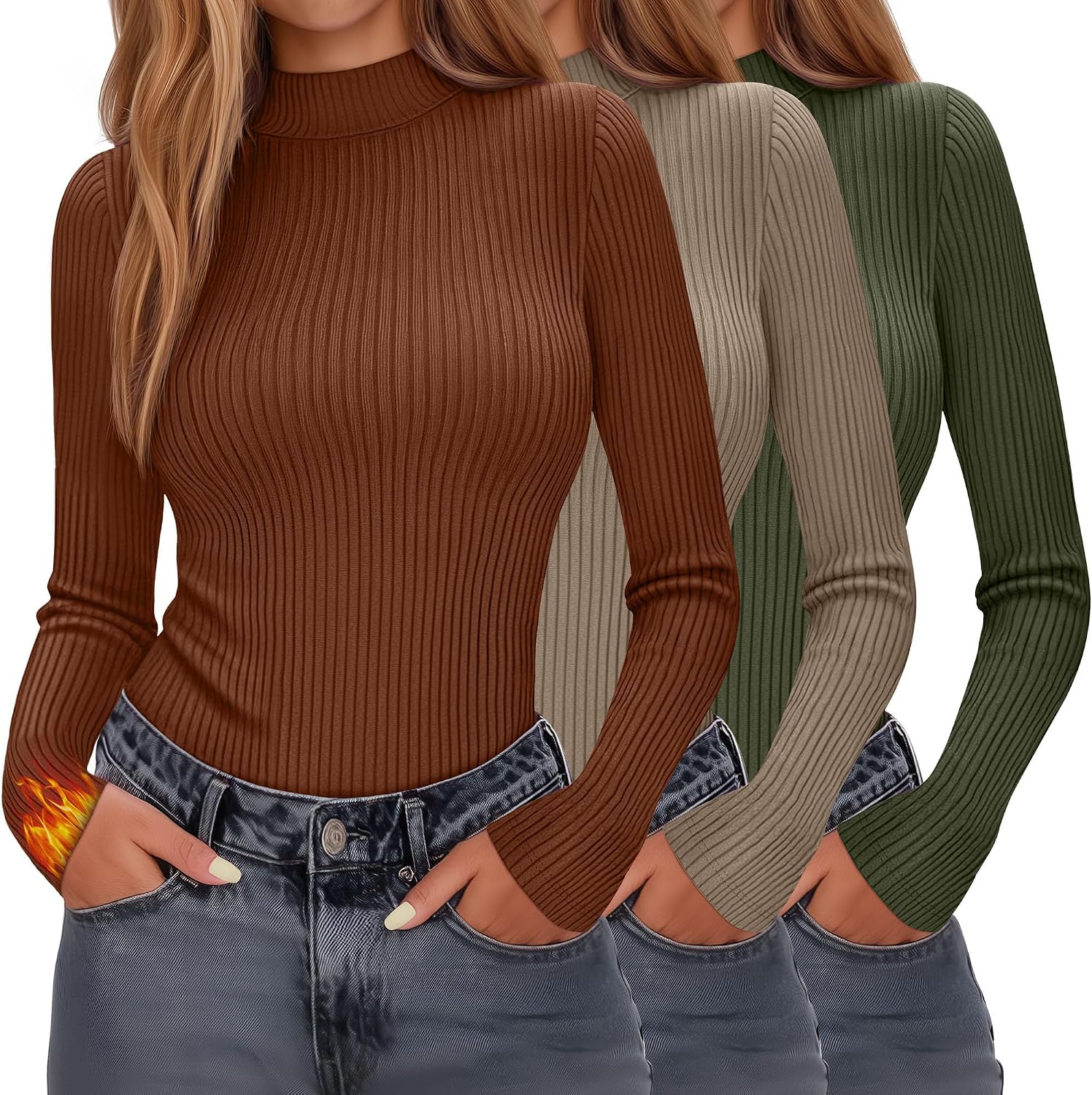 Evervibe 3 Pack Women's Ribbed Mock Neck Thermal Tops