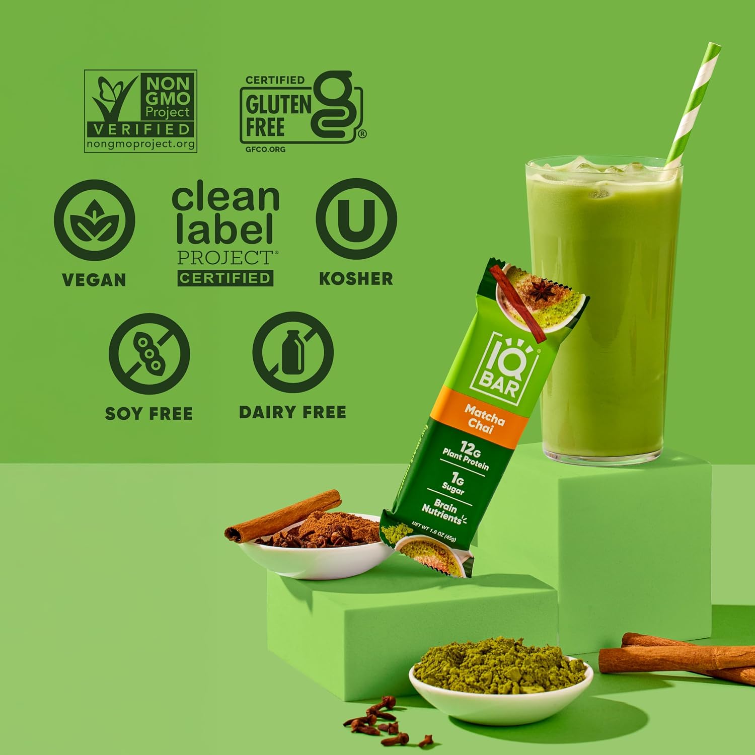 IQBAR Clean Protein Bars, Low Sugar Keto, Matcha Chai 12-Count