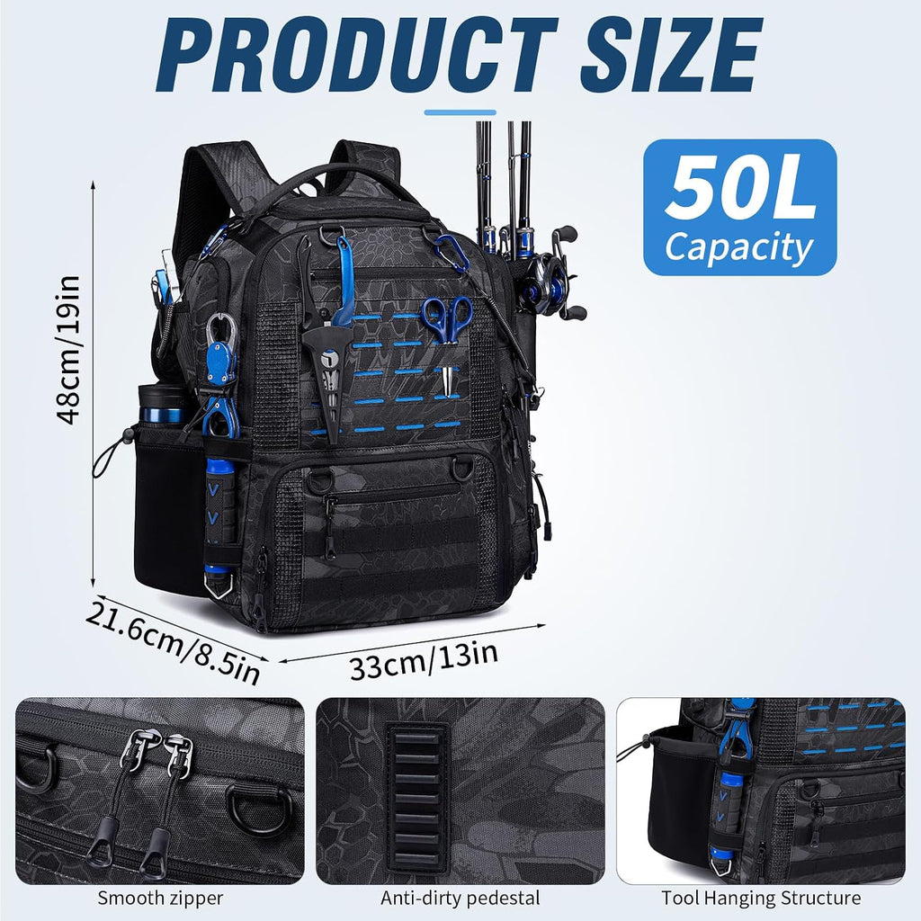 50L Fishing Backpack with Rod Holders, Tackle Box Backpack