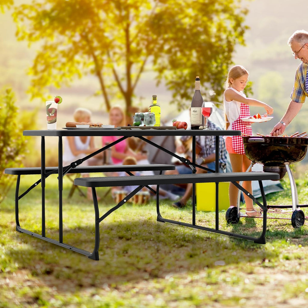 Tangkula Folding Picnic Table with 2 Benches, Outdoor Metal Camping Table Set with Plastic Wood-Like Texture Tabletop & Steel Frame, Foldable Camping Table for Picnic, Party, BBQ (Black)