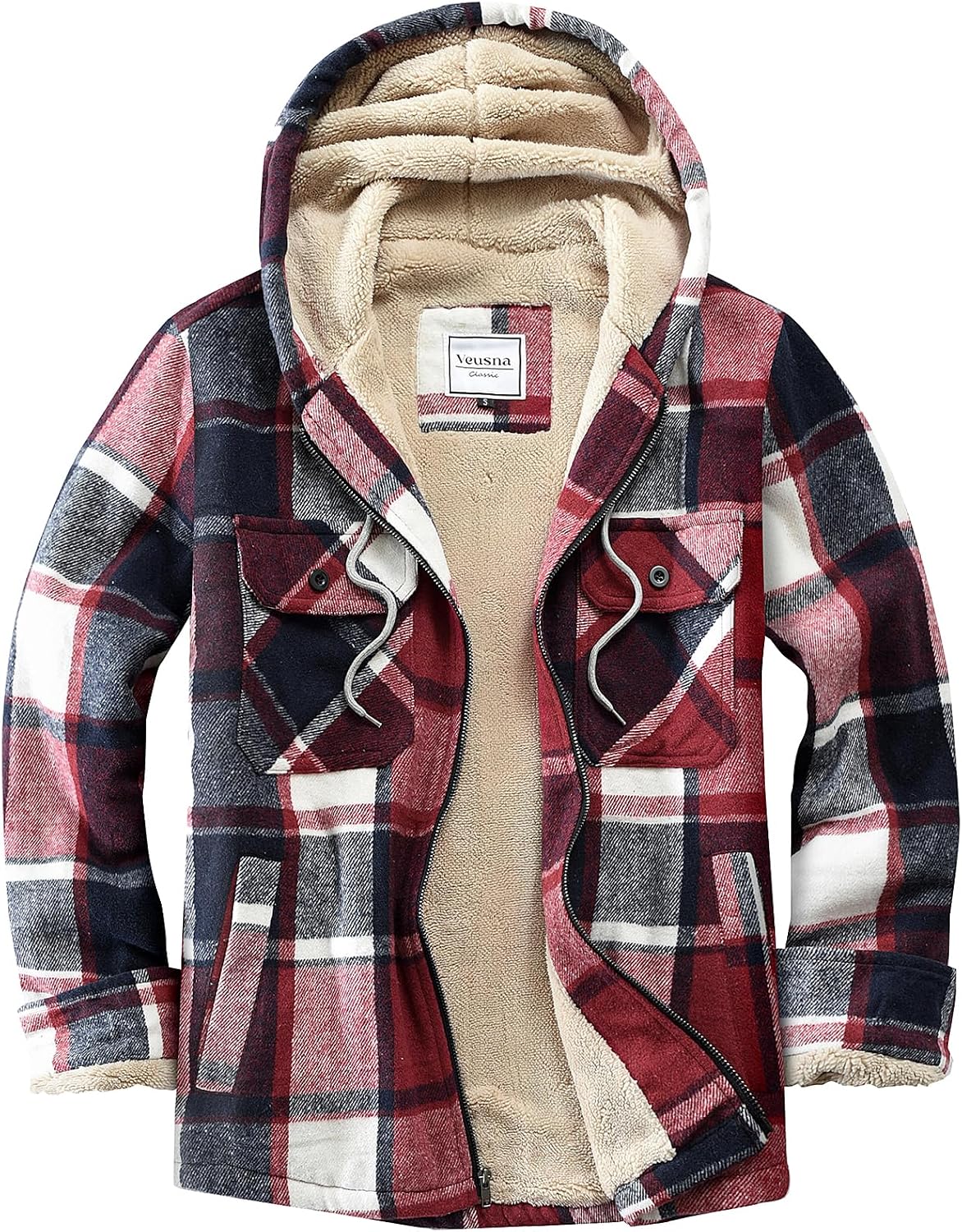 Men's Zip Up Flannel Shirt Jacket Fleece Lined with Hood