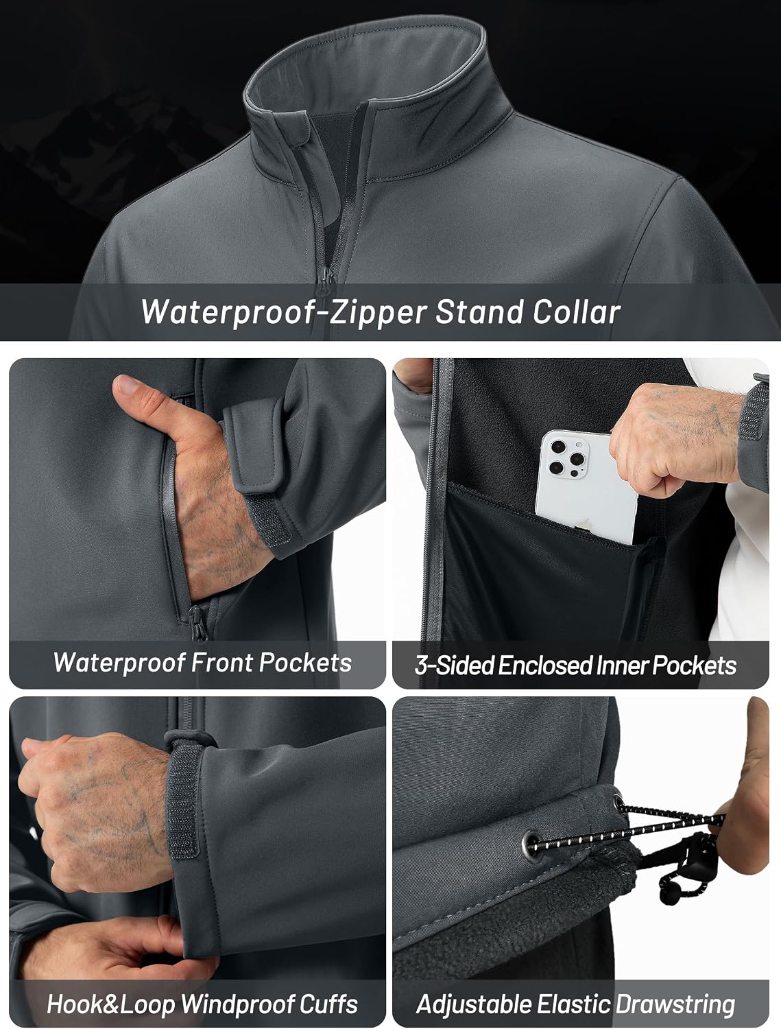 ZITY Men's Softshell Jacket Fleece Lined Lightweight Waterproof Rain Jacket Zip Up Soft Shell Windproof Windbreaker