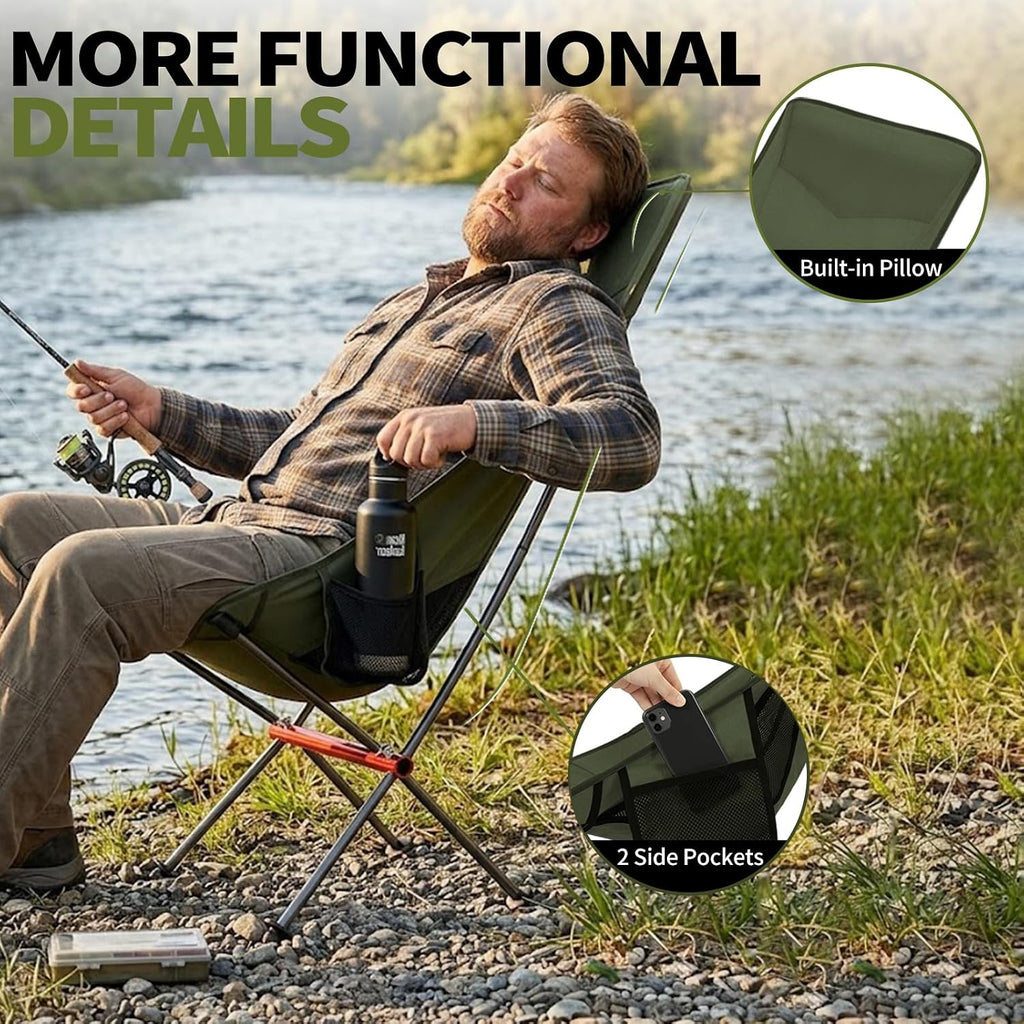 SHALLWE Camping Chairs, All Aluminum Frame Portable Folding Camp Chair for Adults, Heavy Duty High Back Collapsible with Built-in Pillow, Side Pocket, Carry Bag for Backpacking, Hiking, Beach