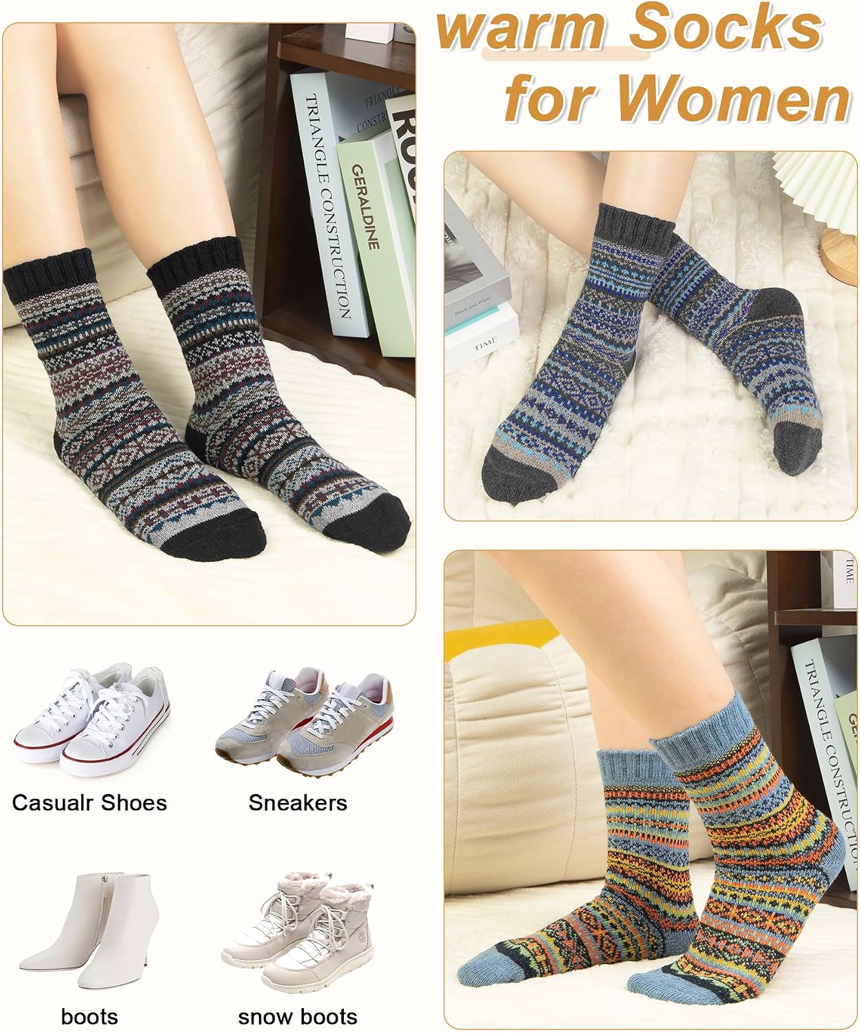 Senker Fashion Wool Socks for Women, 5 Pairs Winter Warm Crew Boot Socks