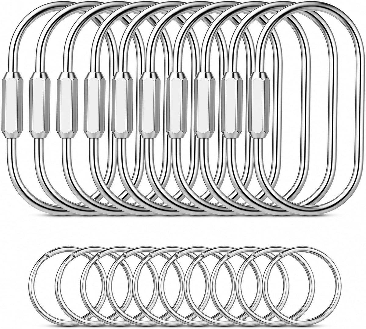 Tiezzi Gold Brass Key Rings, 10 Pack Keychain with 10 Flat Rings Carabiner Clip, Screw Lock Keys Organizer, Purse Bag Accessories Charms Holder for Handbags, Doll, Car Keys - Medium Size,Silver