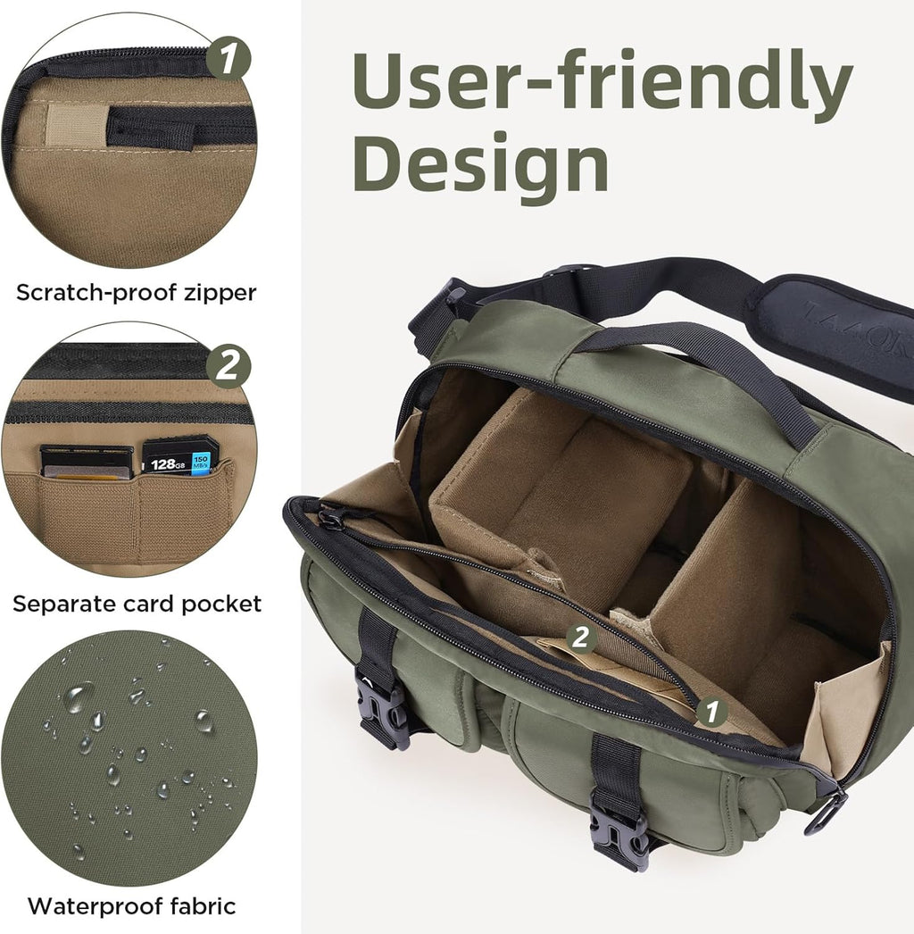 TAAOKA Camera Sling Bag,DSLR Camera Bag with Tripod Holder,Waterproof Camera Shoulder Crossbody Bag for Photographers(Green)