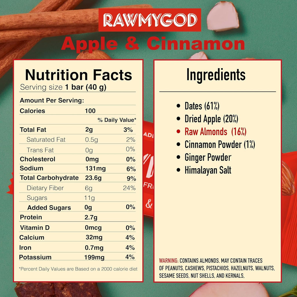 RAWMYGOD Fruit and Nut Bars, Gluten Free, Vegan, No Added Sugar (16 bars, Apple & Cinnamon)