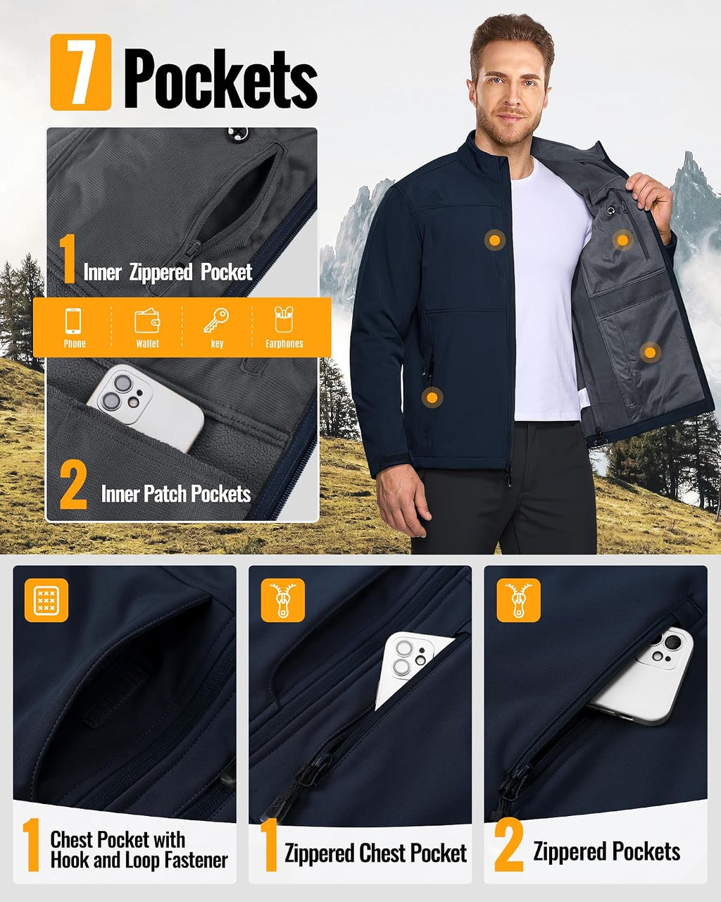 33,000ft Men's Lightweight Softshell Jacket Fleece Waterproof Windbreaker