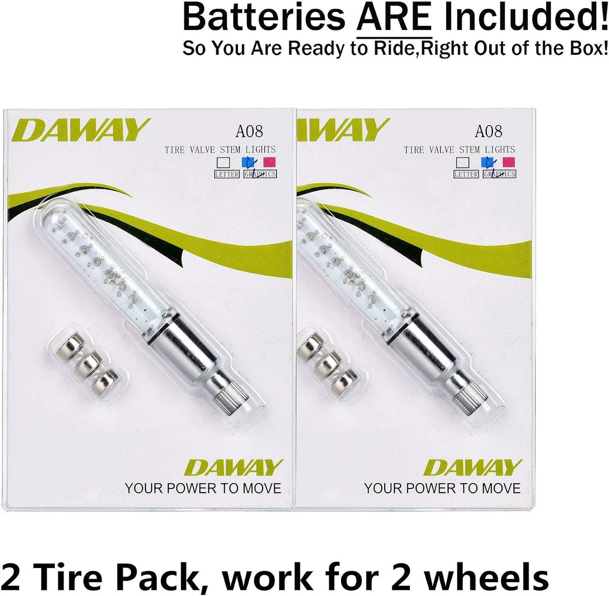 DAWAY A08 Bike Tire Valve Stem Light - LED Waterproof Bicycle Wheel Lights Neon Flashing Lamp Glow in the Dark Cool Safe Accessories, 1 Pack/ 2 Pack