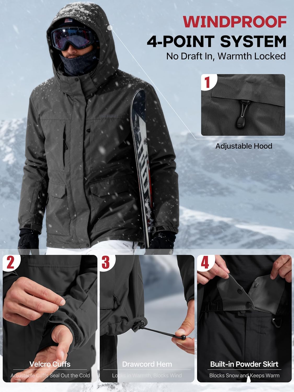 FREE SOLDIER Men's Waterproof Ski Jacket Fleece Lined Warm Winter Snow Coat with Hood Fully Taped Seams