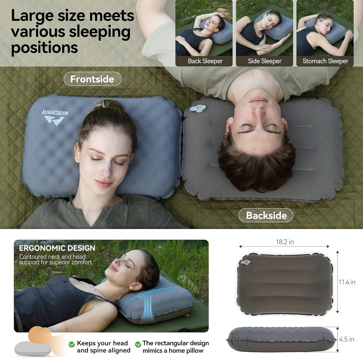 MARCHWAY Inflatable Camping Pillow with Soft Foam Top & TPU Air Bladder, Dual-Sided Support for All-Season, Lightweight Compact Travel Pillow for Hiking, Backpacking, Airplane, Car (Grey)